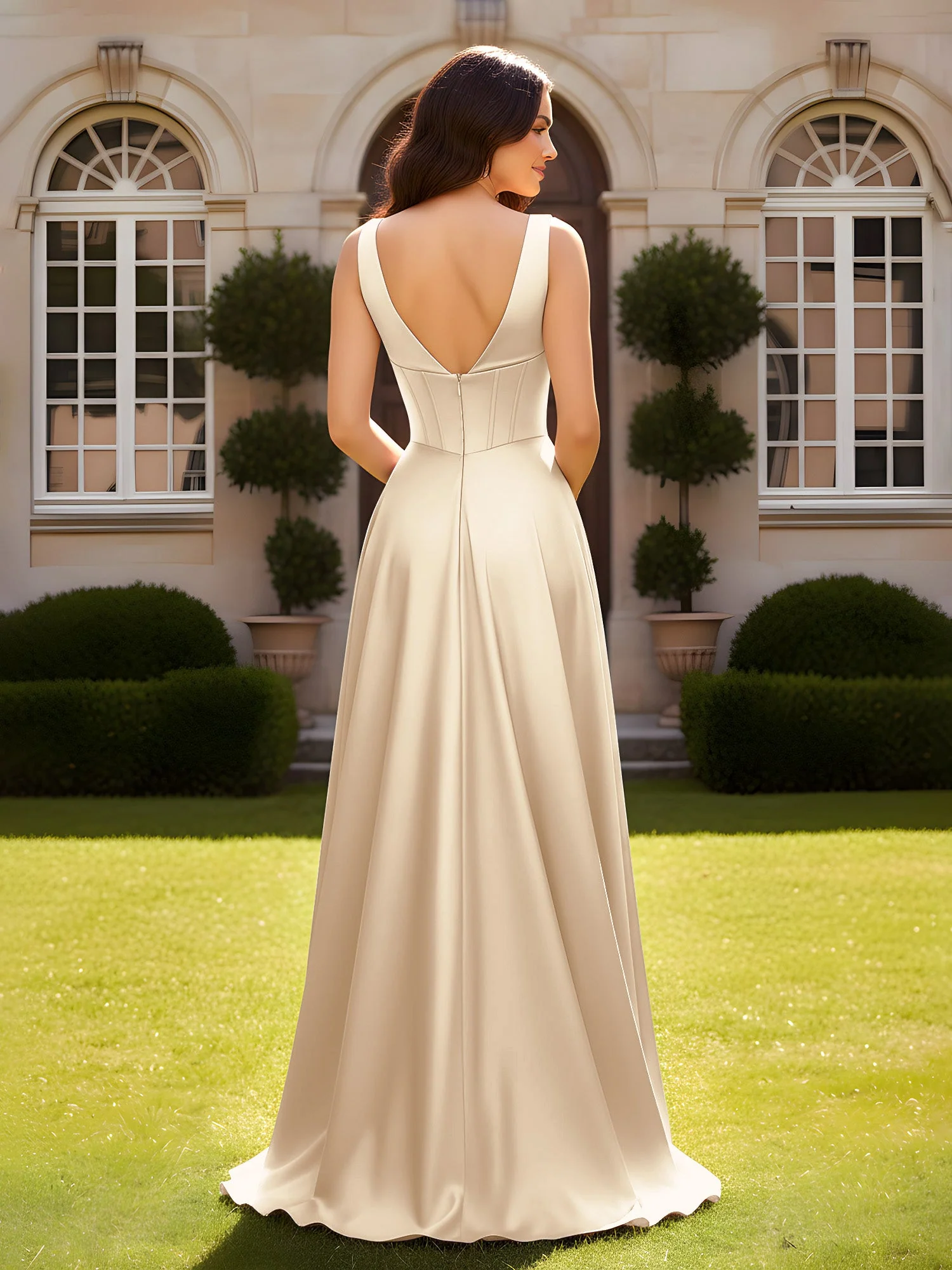 Ärmellos A-Linie Abendkleid mit niedrigem V-Rücken Champagner - Image 2