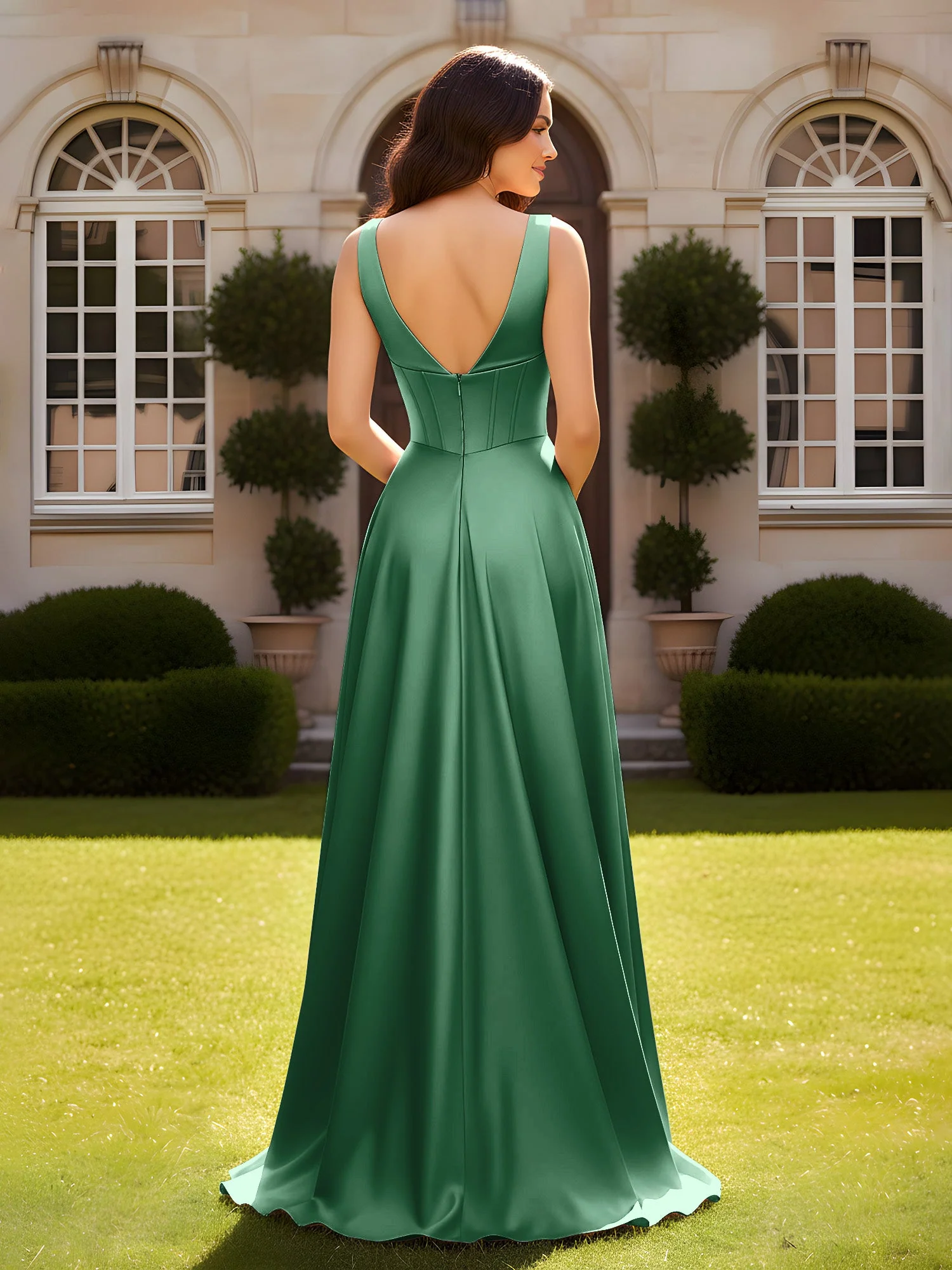Ärmellos A-Linie Abendkleid mit niedrigem V-Rücken Dunkelgrün - Image 2