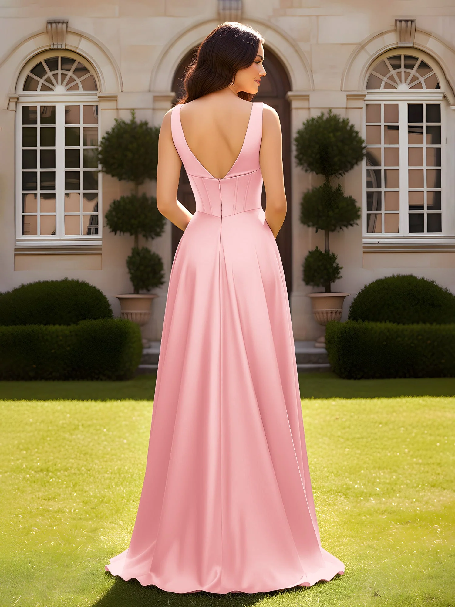 Ärmellos A-Linie Abendkleid mit niedrigem V-Rücken Flamingo - Image 2