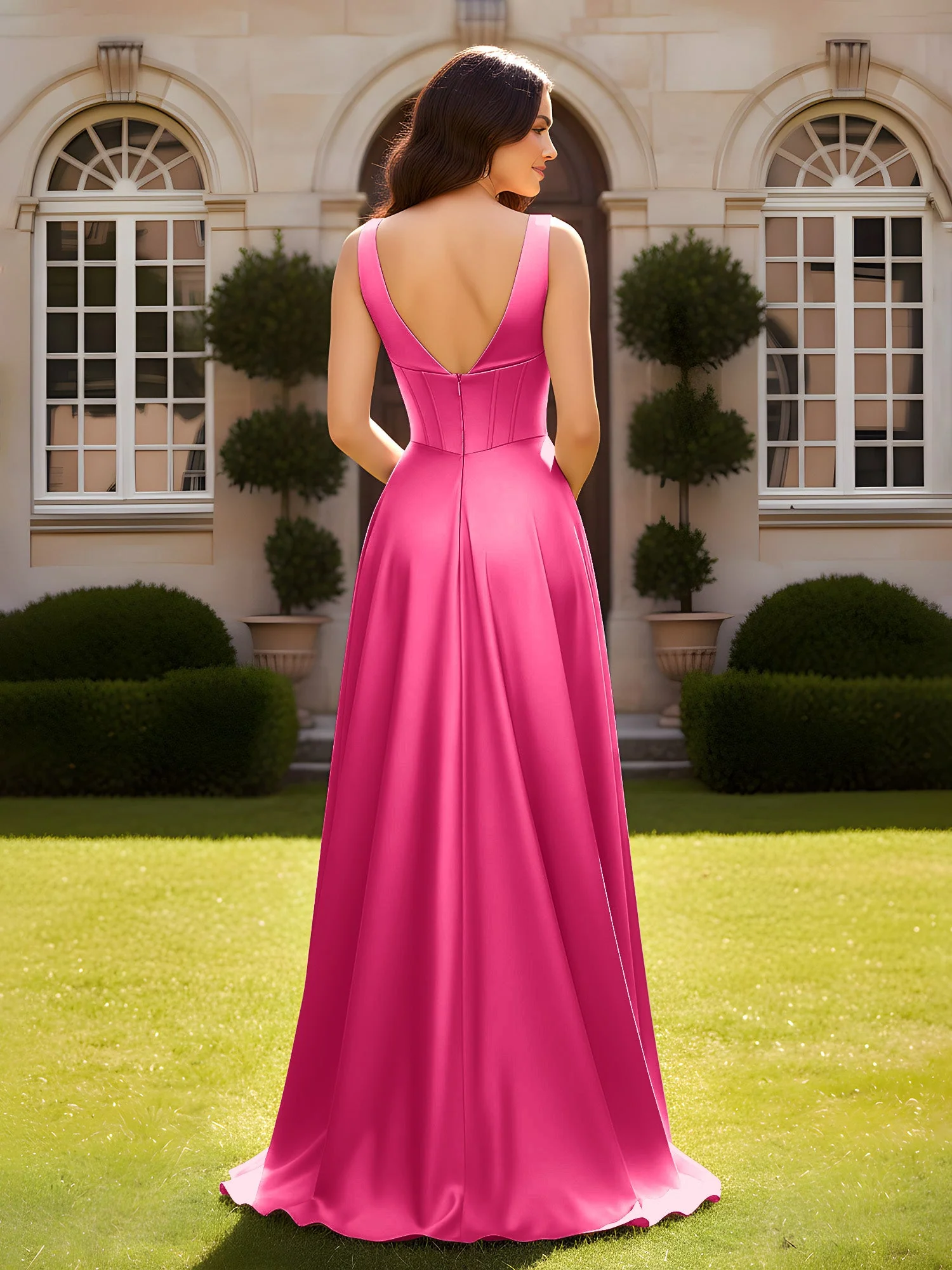 Ärmellos A-Linie Abendkleid mit niedrigem V-Rücken Fuchsia - Image 2