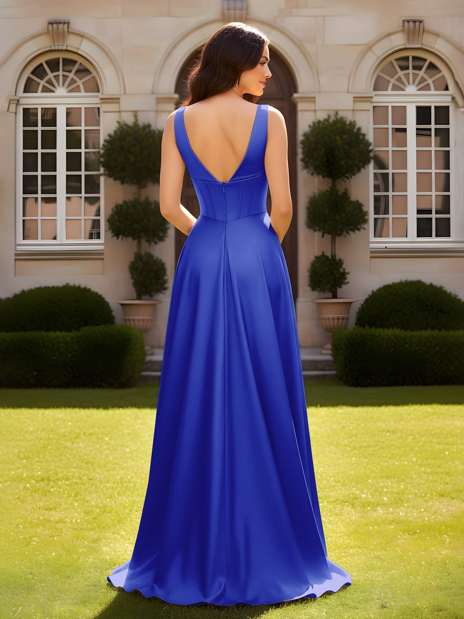 Ärmellos A-Linie Abendkleid mit niedrigem V-Rücken Königsblau - Image 2