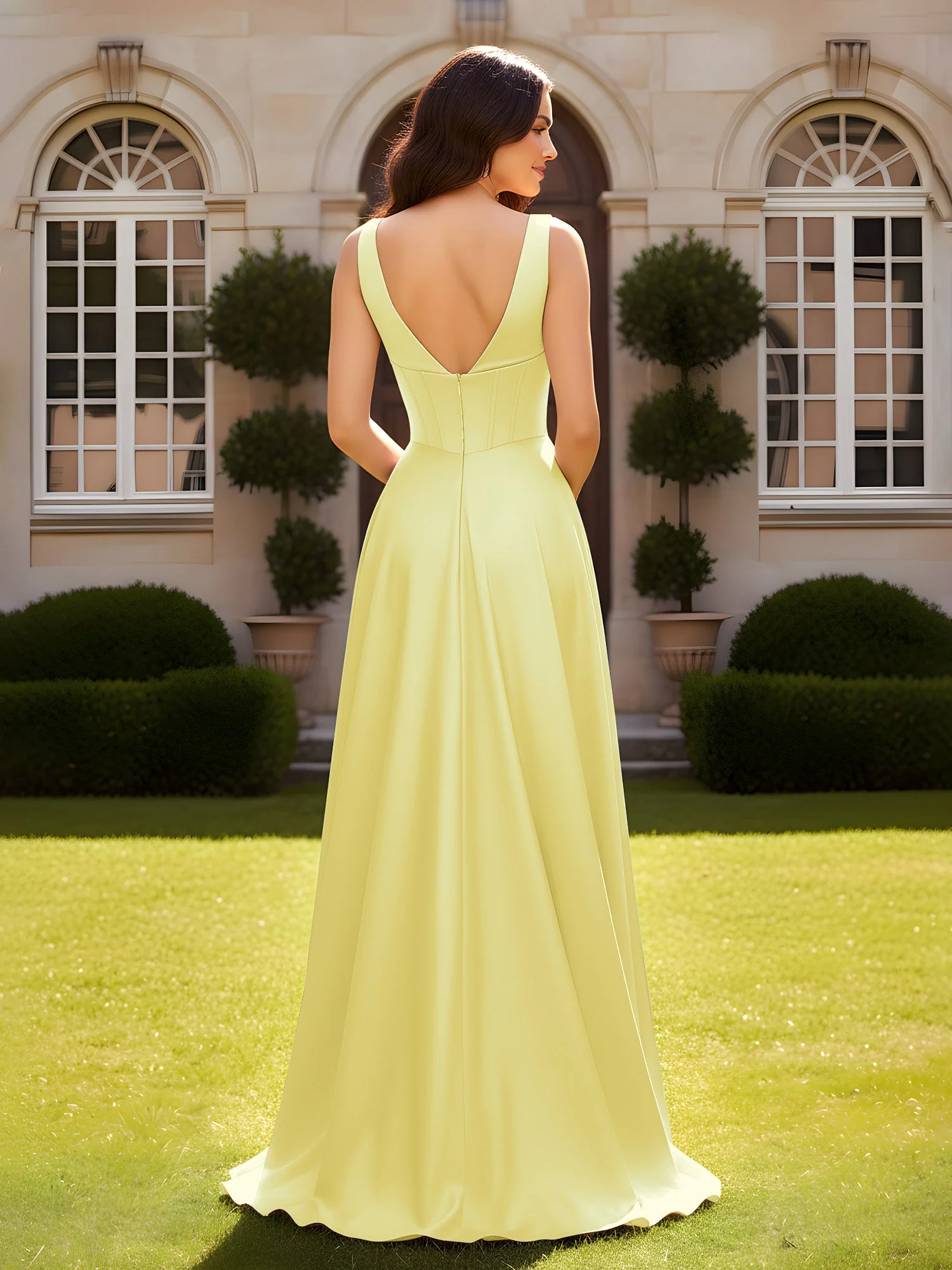 Ärmellos A-Linie Abendkleid mit niedrigem V-Rücken Narzisse - Image 2