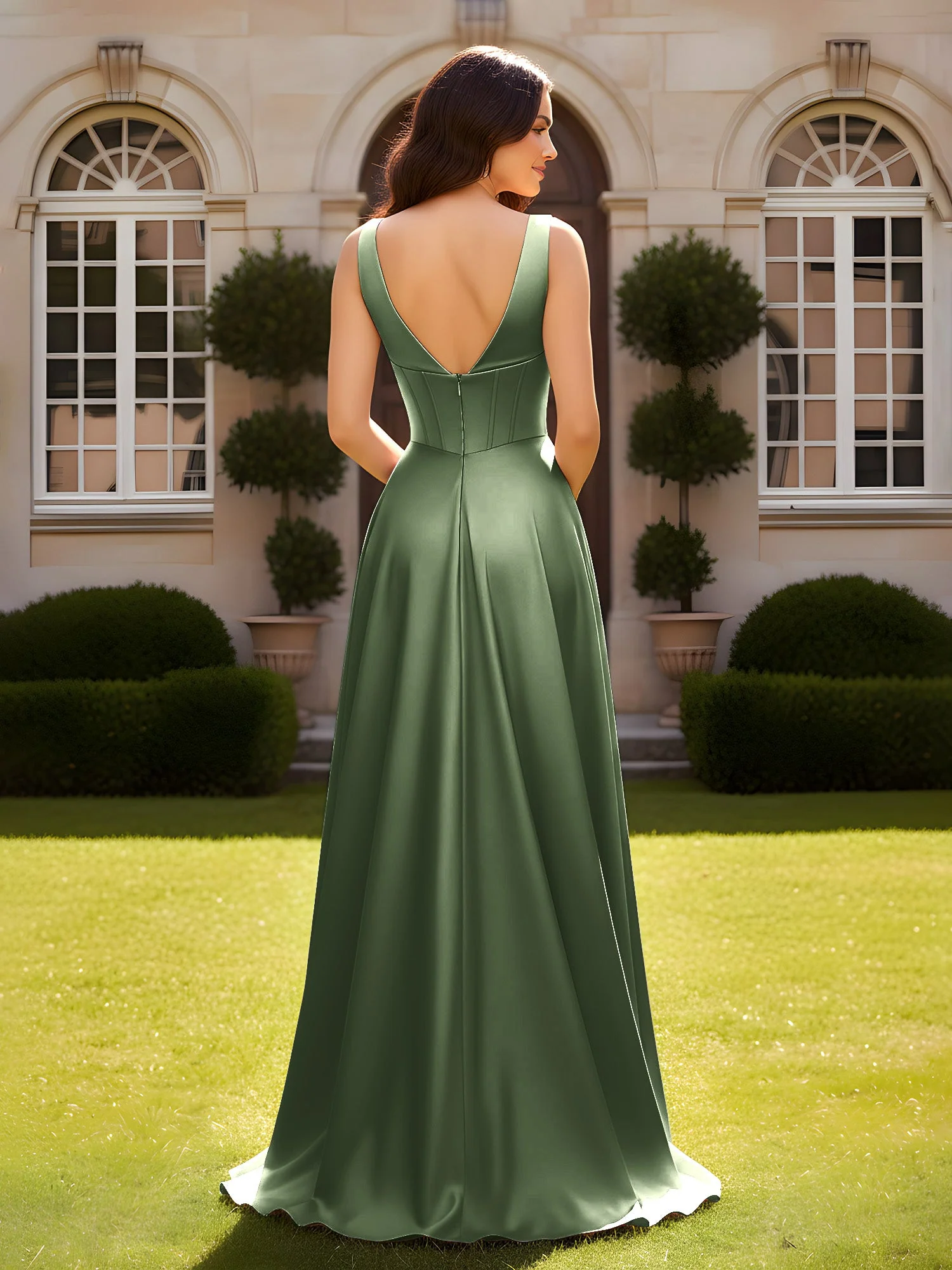 Ärmellos A-Linie Abendkleid mit niedrigem V-Rücken Olivgrün - Image 2