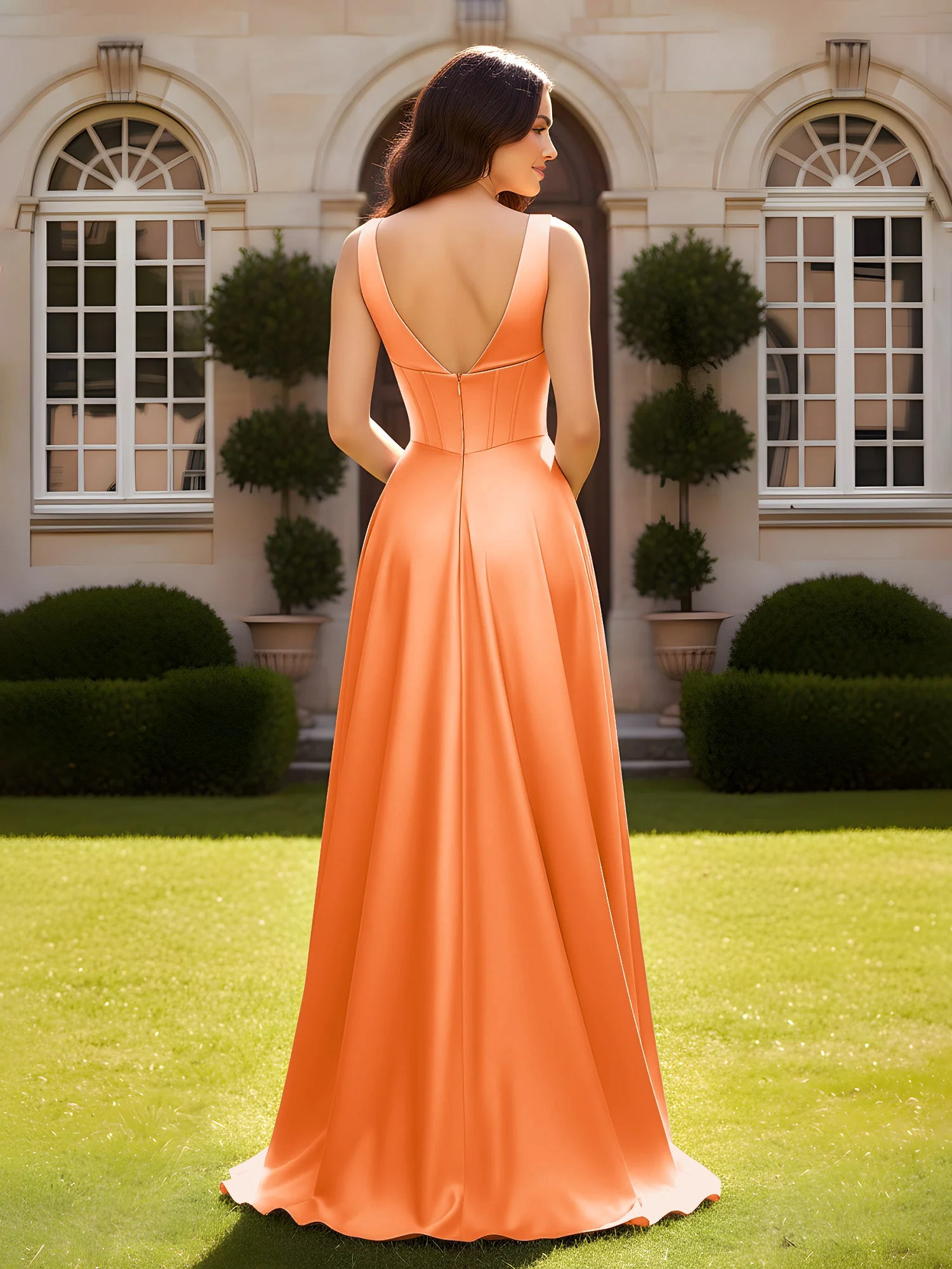 Ärmellos A-Linie Abendkleid mit niedrigem V-Rücken Orange - Image 2