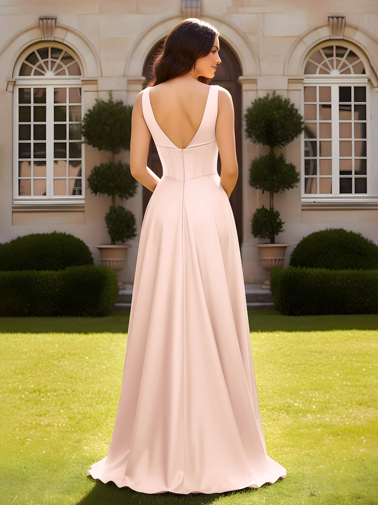 Ärmellos A-Linie Abendkleid mit niedrigem V-Rücken Perlrosa - Image 2