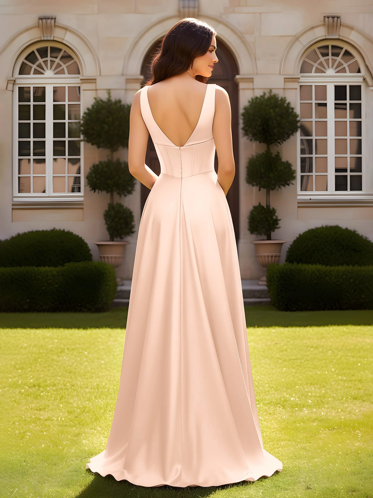 Ärmellos A-Linie Abendkleid mit niedrigem V-Rücken Pfirsich - Image 2