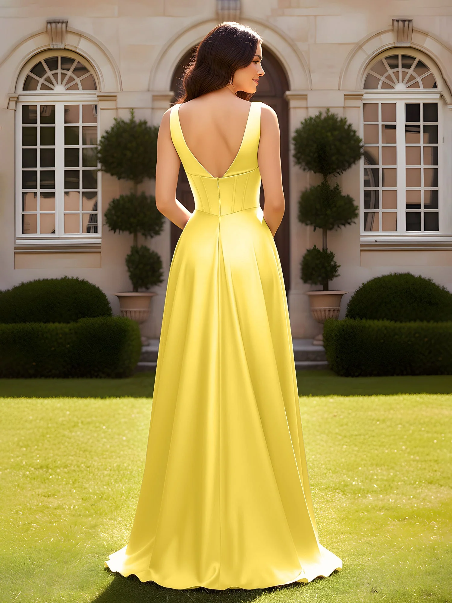 Ärmellos A-Linie Abendkleid mit niedrigem V-Rücken Ringelblume - Image 2