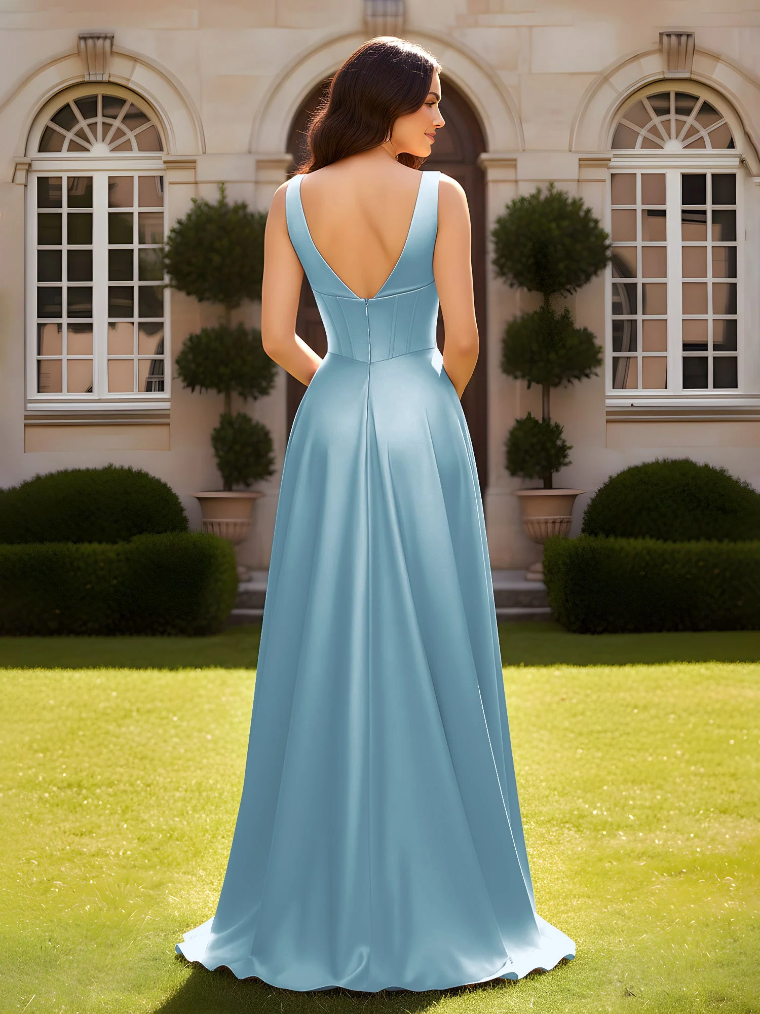 Ärmellos A-Linie Abendkleid mit niedrigem V-Rücken Schiefer Blau - Image 2