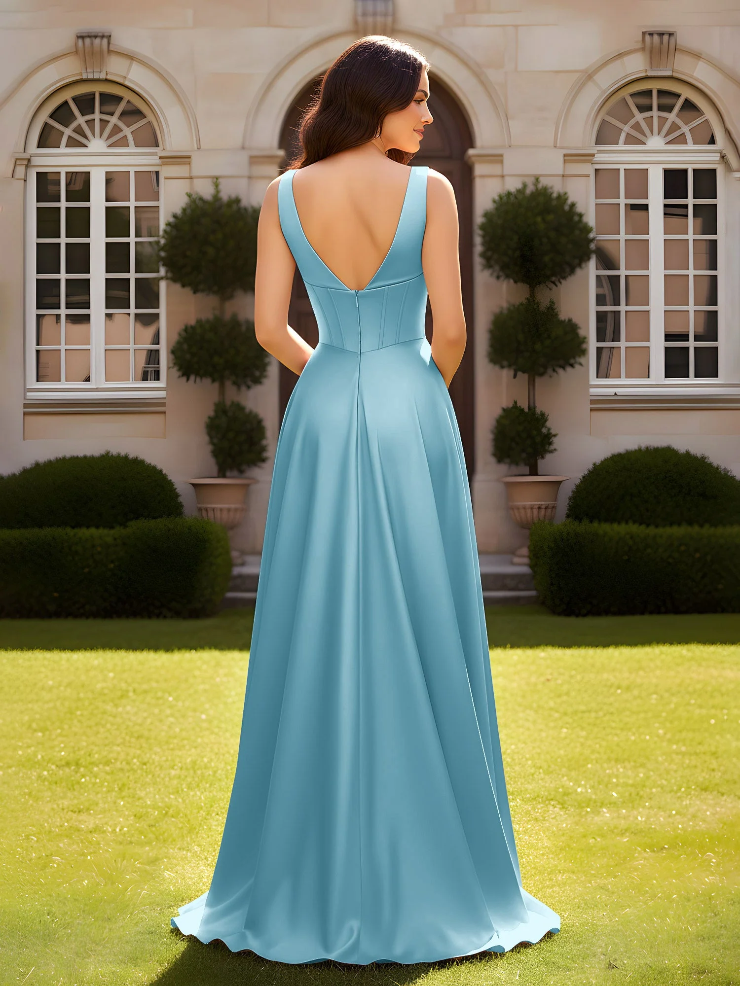 Ärmellos A-Linie Abendkleid mit niedrigem V-Rücken Schwimmbadblau - Image 2