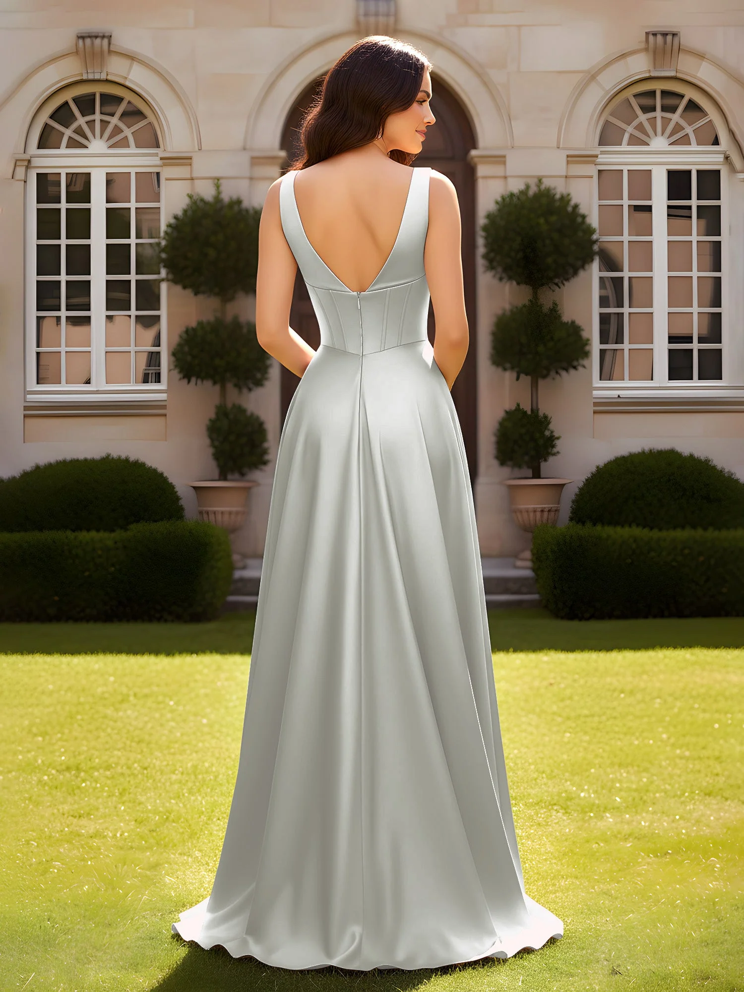 Ärmellos A-Linie Abendkleid mit niedrigem V-Rücken Silber - Image 2