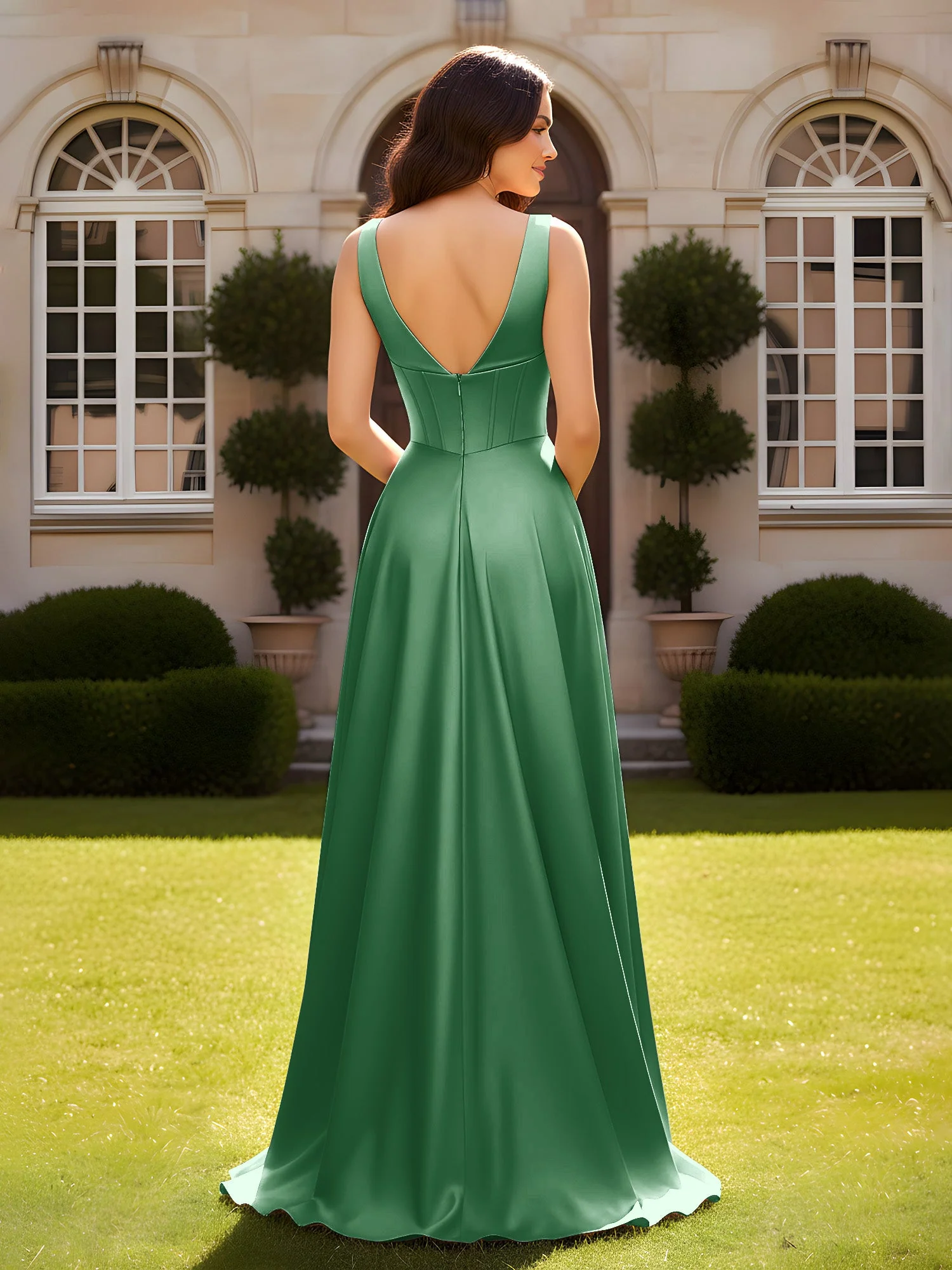 Ärmellos A-Linie Abendkleid mit niedrigem V-Rücken Smaragd - Image 2