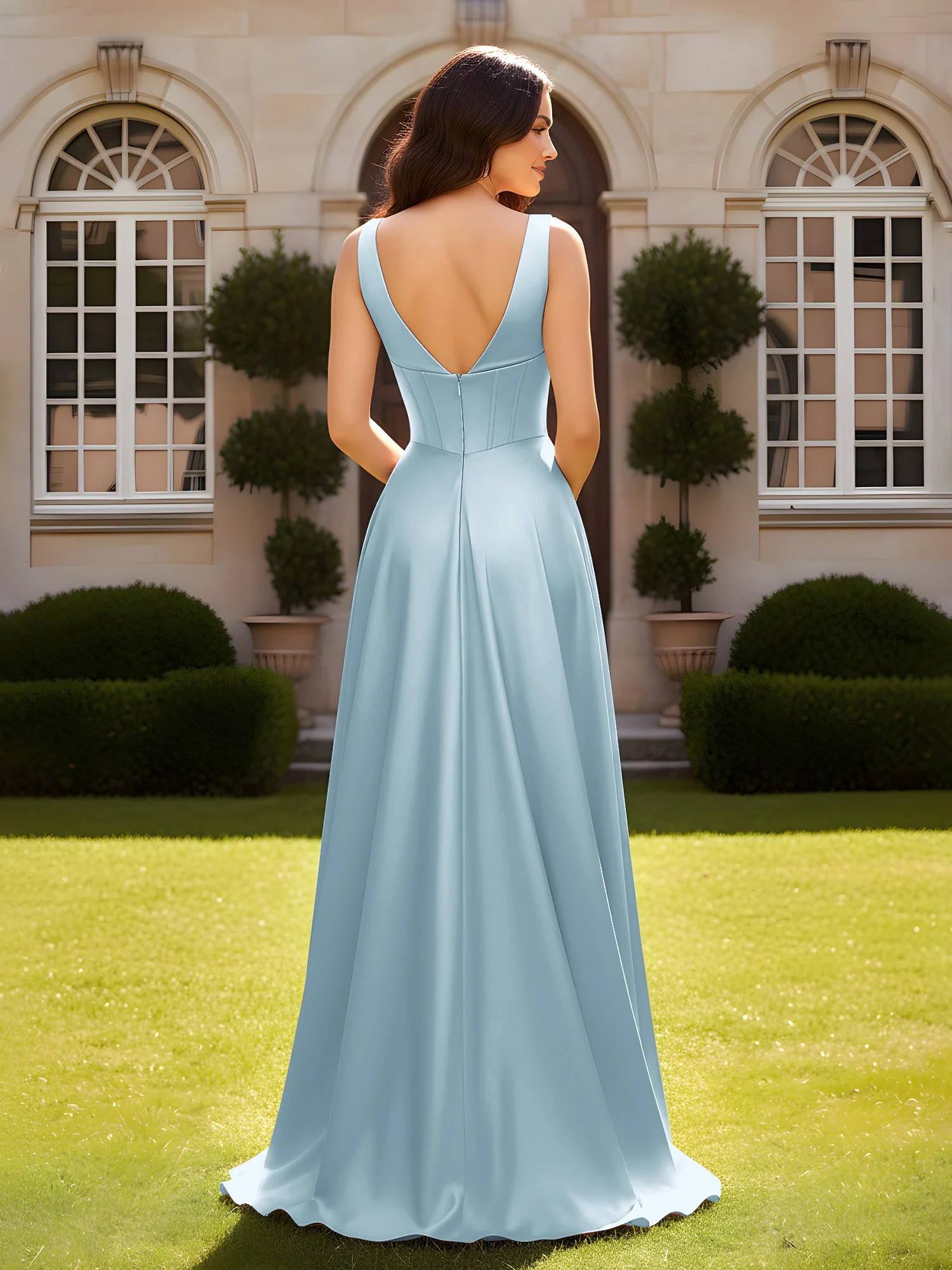 Ärmellos A-Linie Abendkleid mit niedrigem V-Rücken Staubiges Blau - Image 2