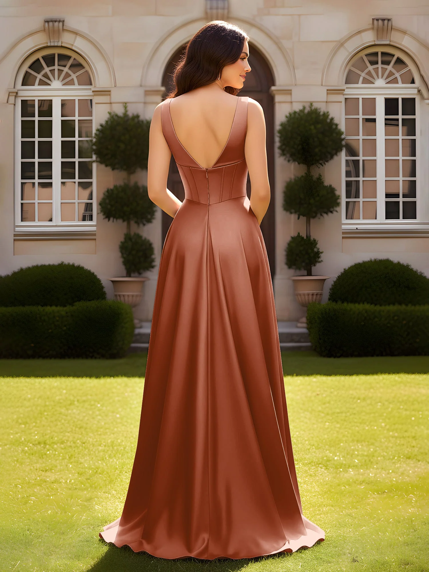 Ärmellos A-Linie Abendkleid mit niedrigem V-Rücken Terrakotta - Image 2