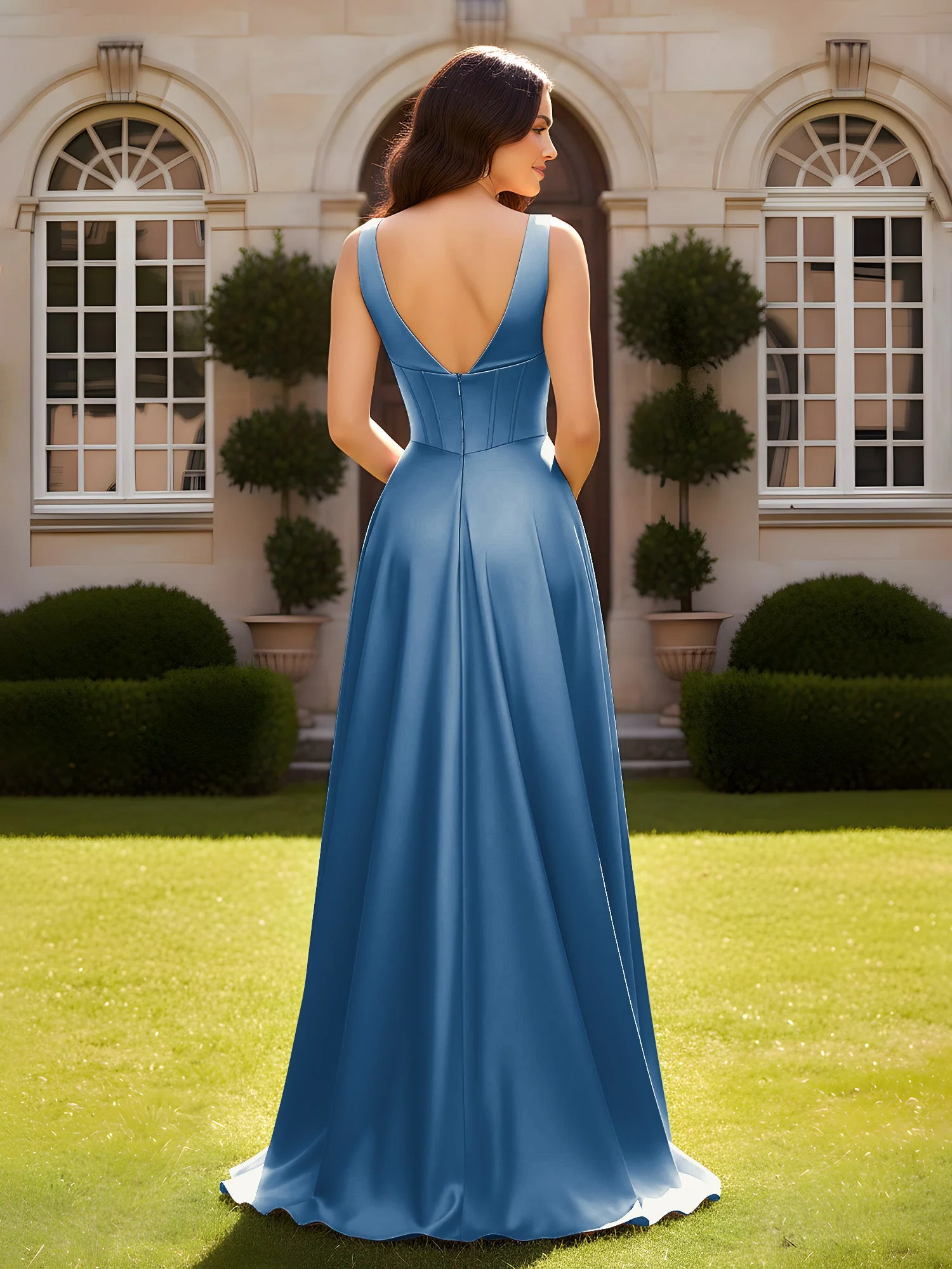 Ärmellos A-Linie Abendkleid mit niedrigem V-Rücken Tinte Blau - Image 2
