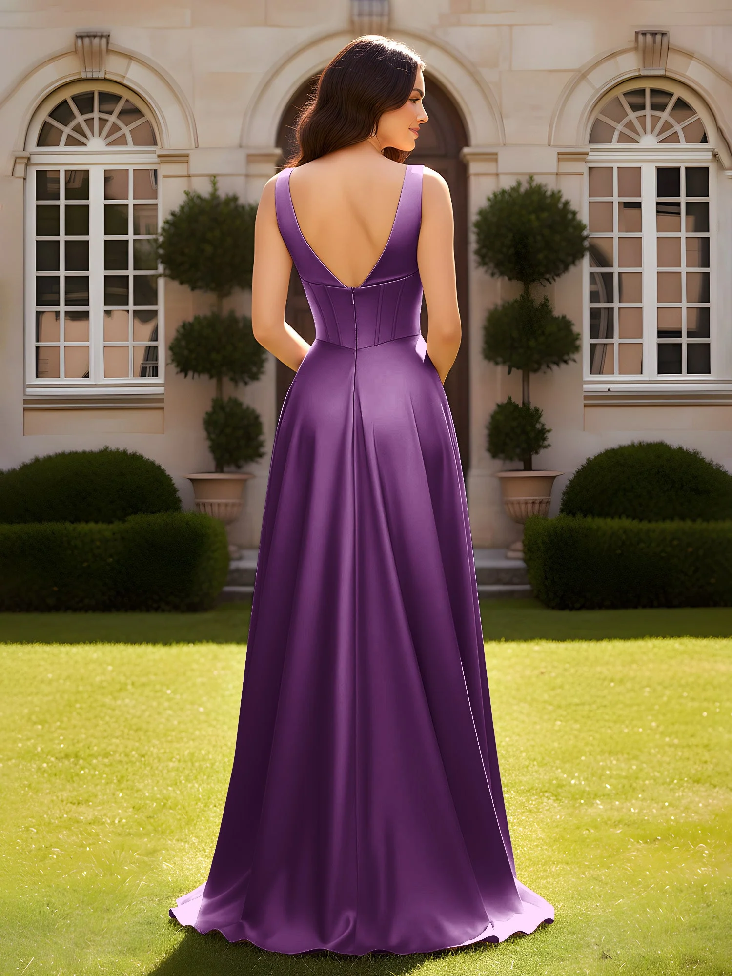Ärmellos A-Linie Abendkleid mit niedrigem V-Rücken Traube - Image 2