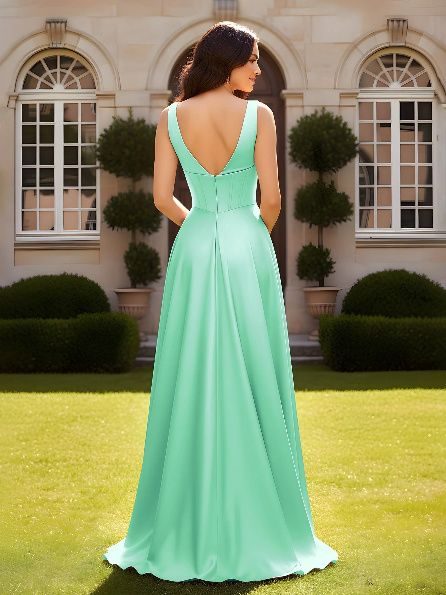 Ärmellos A-Linie Abendkleid mit niedrigem V-Rücken Türkis - Image 2