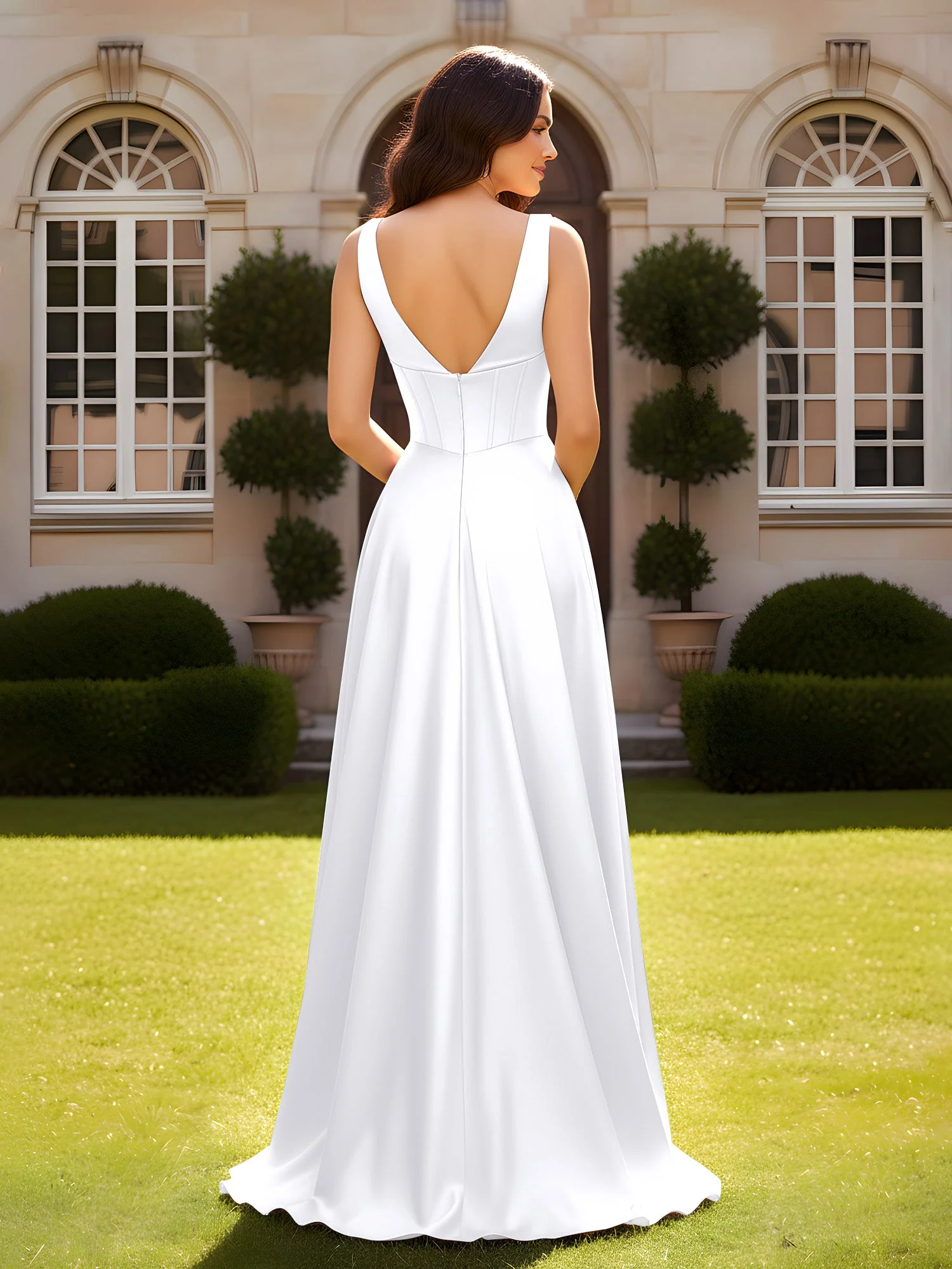 Ärmellos A-Linie Abendkleid mit niedrigem V-Rücken Weiß - Image 2