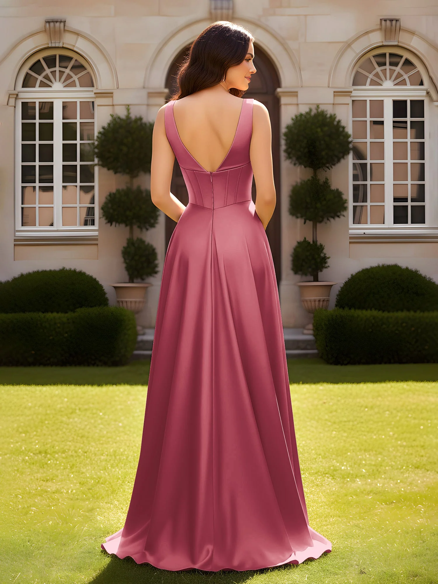 Ärmellos A-Linie Abendkleid mit niedrigem V-Rücken Zimtrose - Image 2