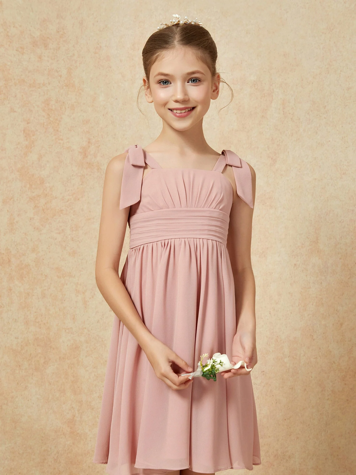 Schleife Träger Knielang Junge Brautjungfernkleider Staubige Rosa - Image 6