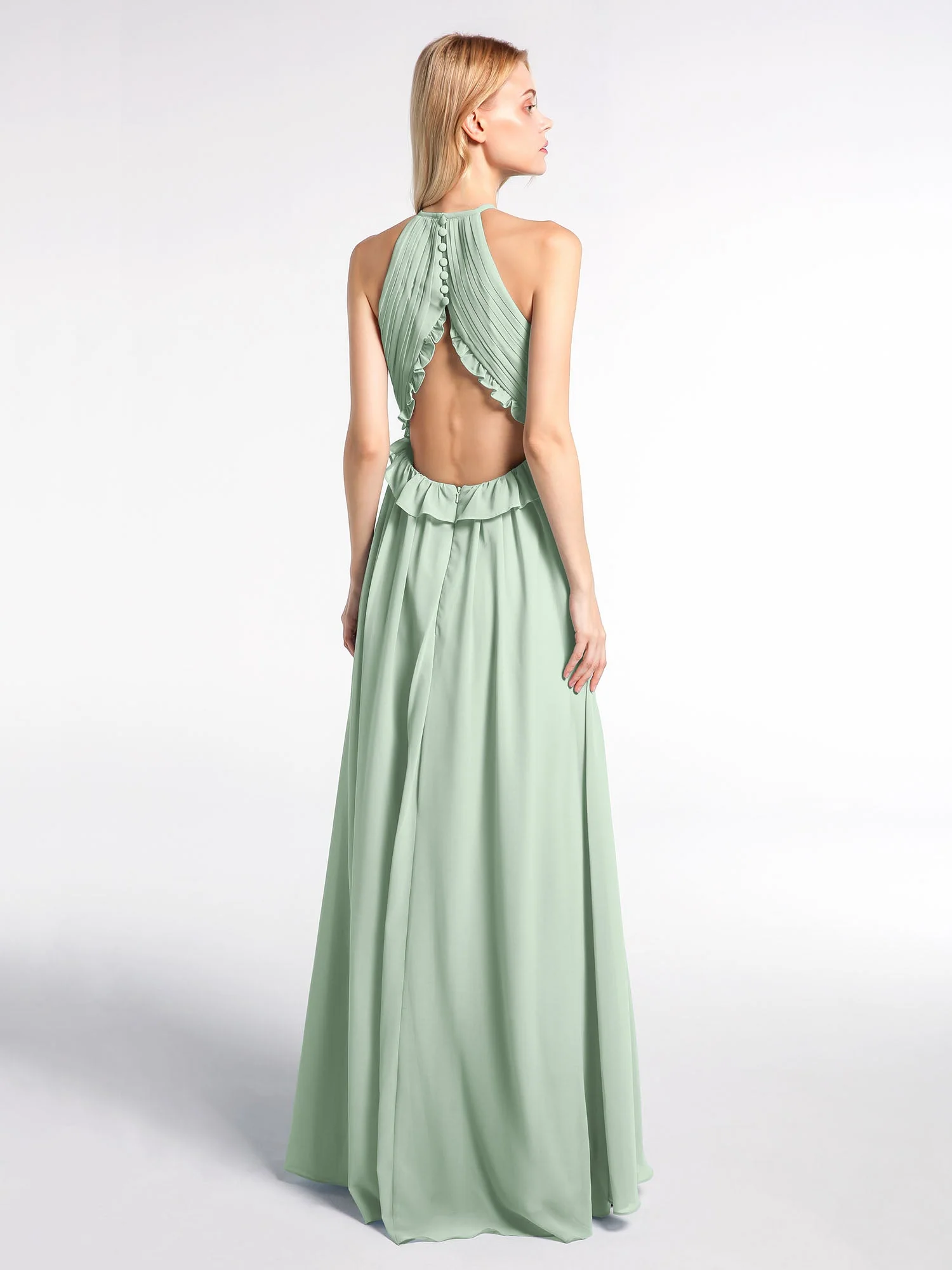 Schlüsselloch Ausschnitt Chiffon Langes Kleid mit offenem Rücken Agavengrün - Image 2