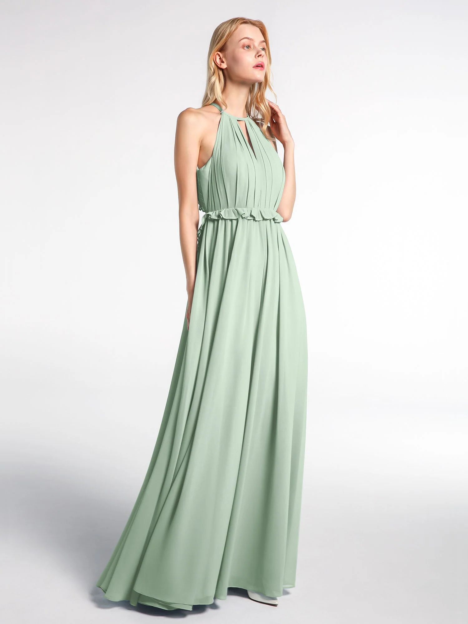 Schlüsselloch Ausschnitt Chiffon Langes Kleid mit offenem Rücken Agavengrün - Image 3