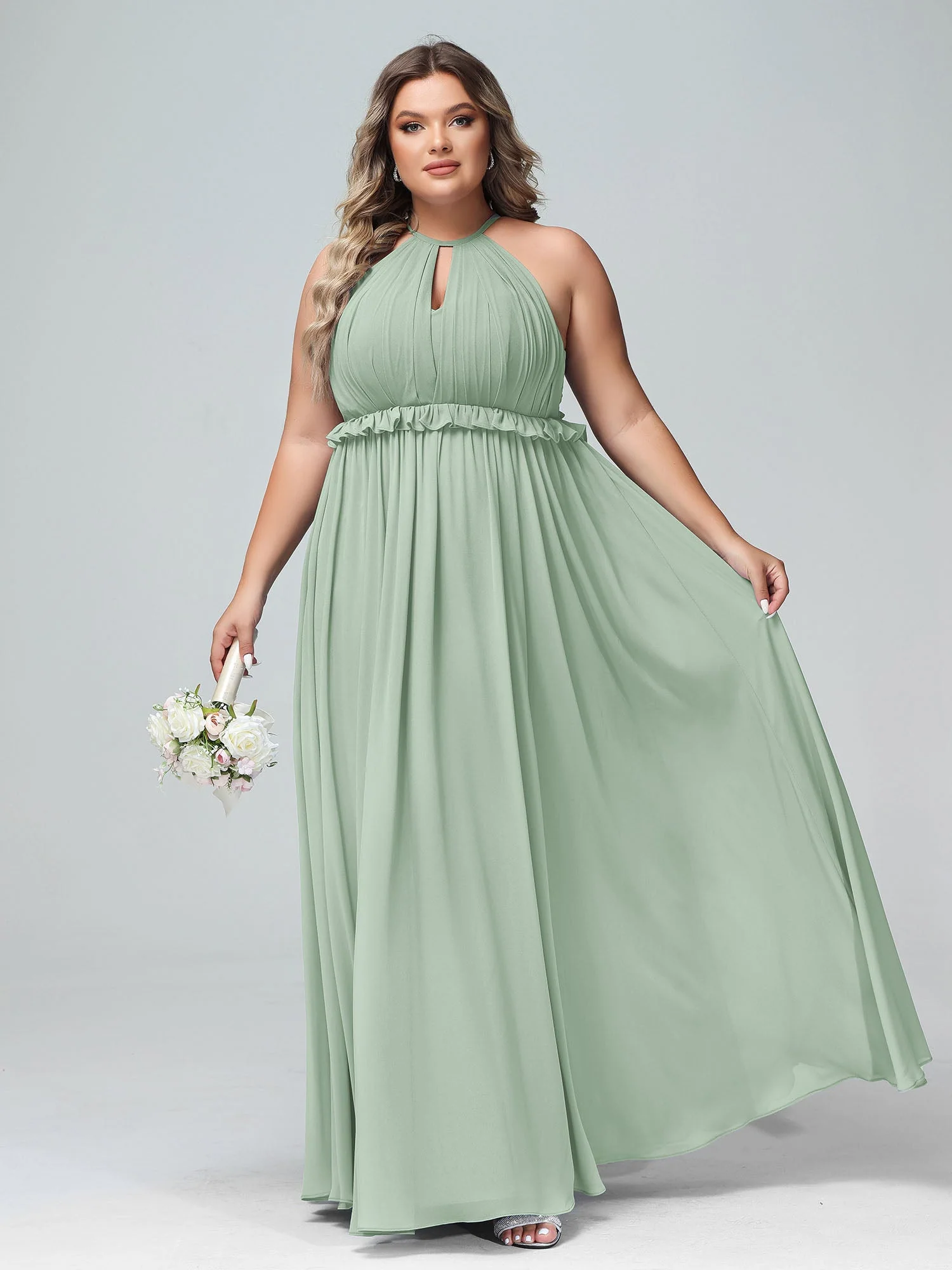 Schlüsselloch Ausschnitt Chiffon Langes Kleid mit offenem Rücken Agavengrün - Image 4