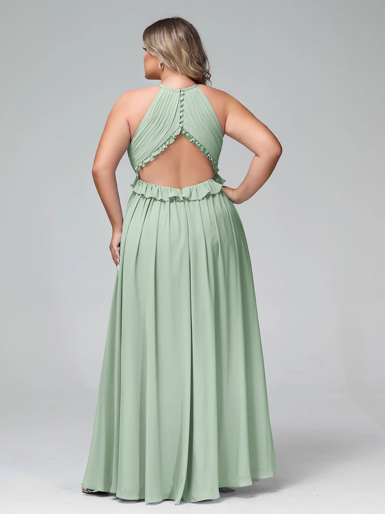 Schlüsselloch Ausschnitt Chiffon Langes Kleid mit offenem Rücken Agavengrün - Image 5