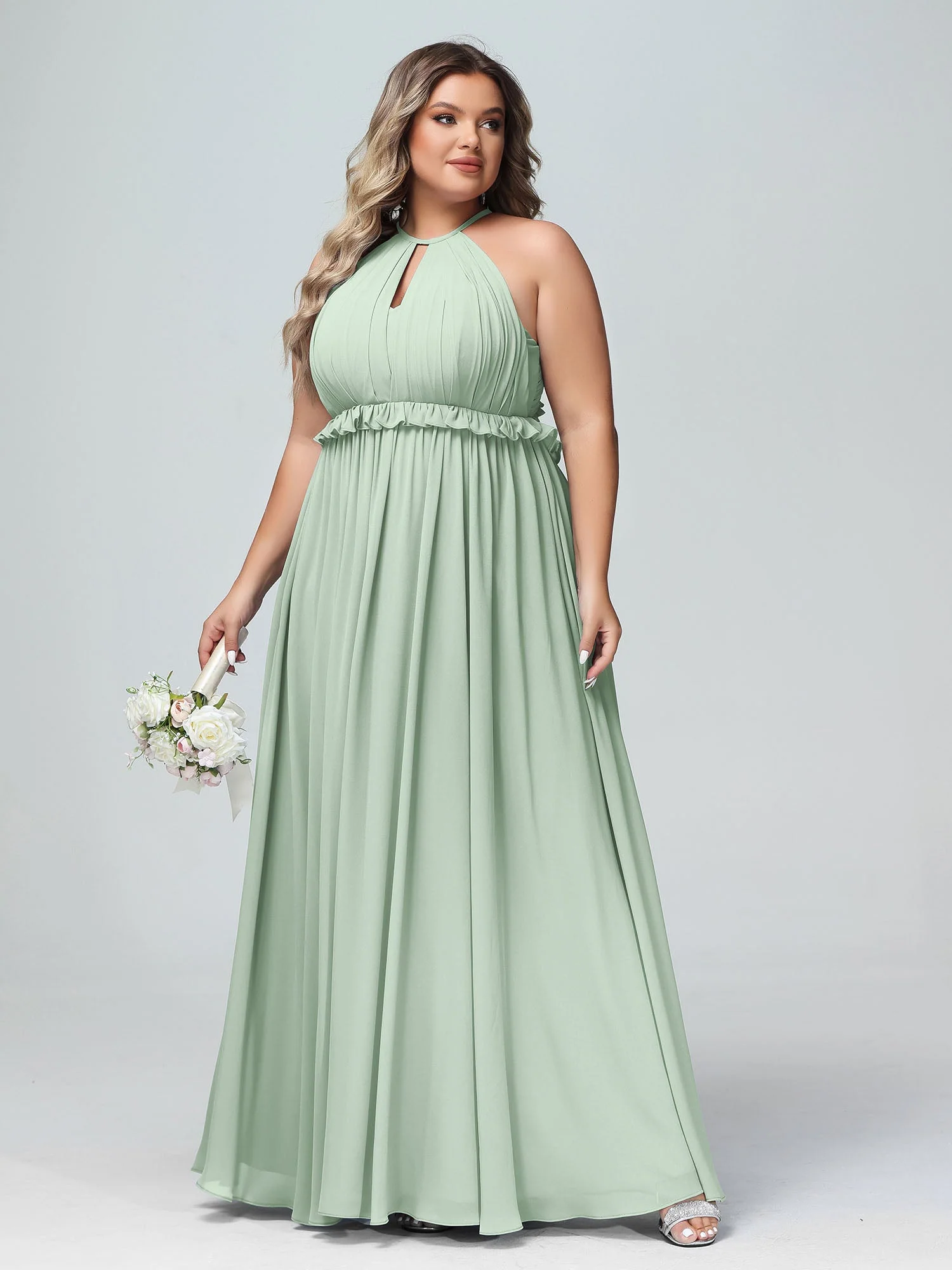 Schlüsselloch Ausschnitt Chiffon Langes Kleid mit offenem Rücken Agavengrün - Image 7