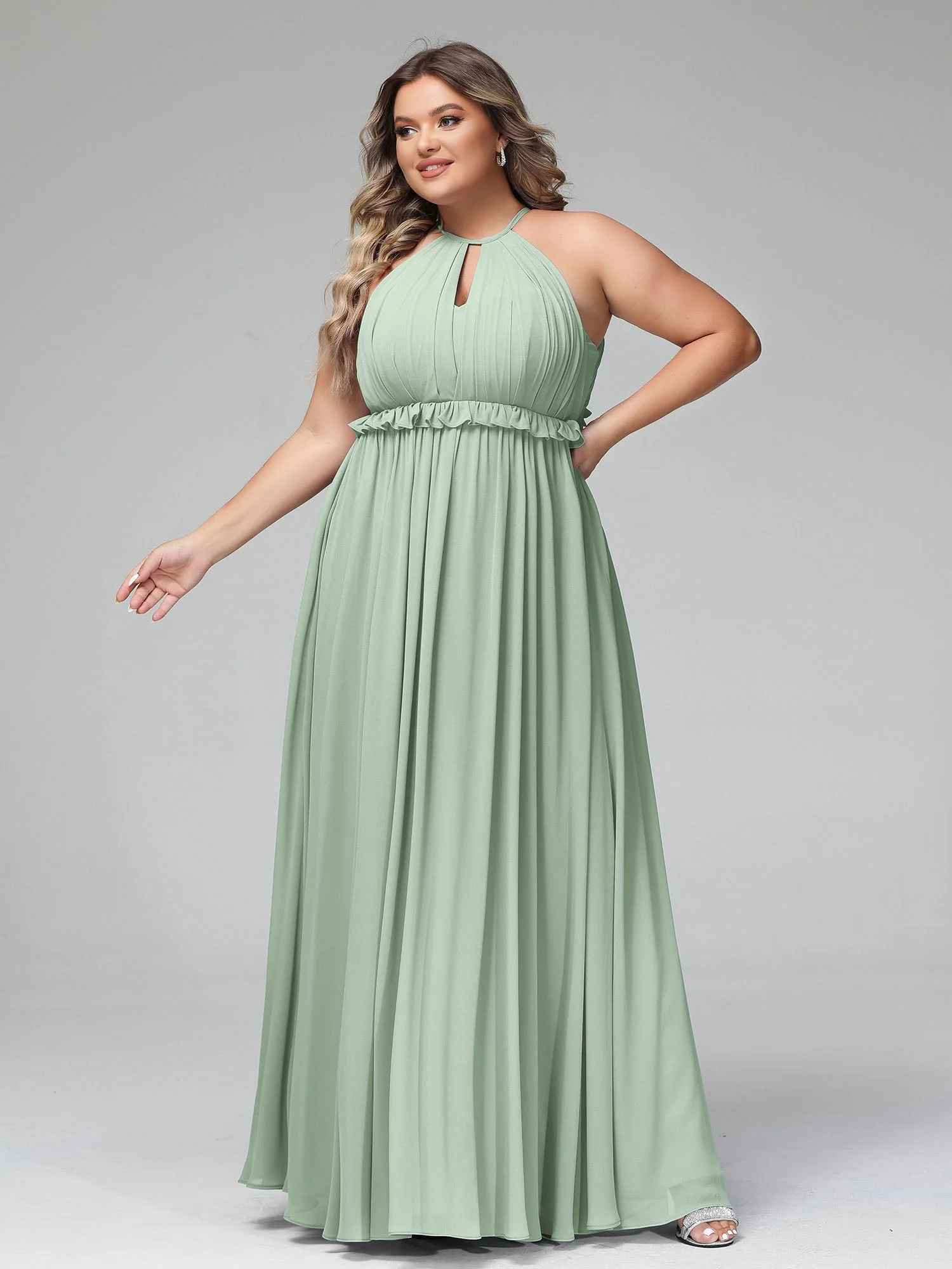 Schlüsselloch Ausschnitt Chiffon Langes Kleid mit offenem Rücken Agavengrün - Image 9