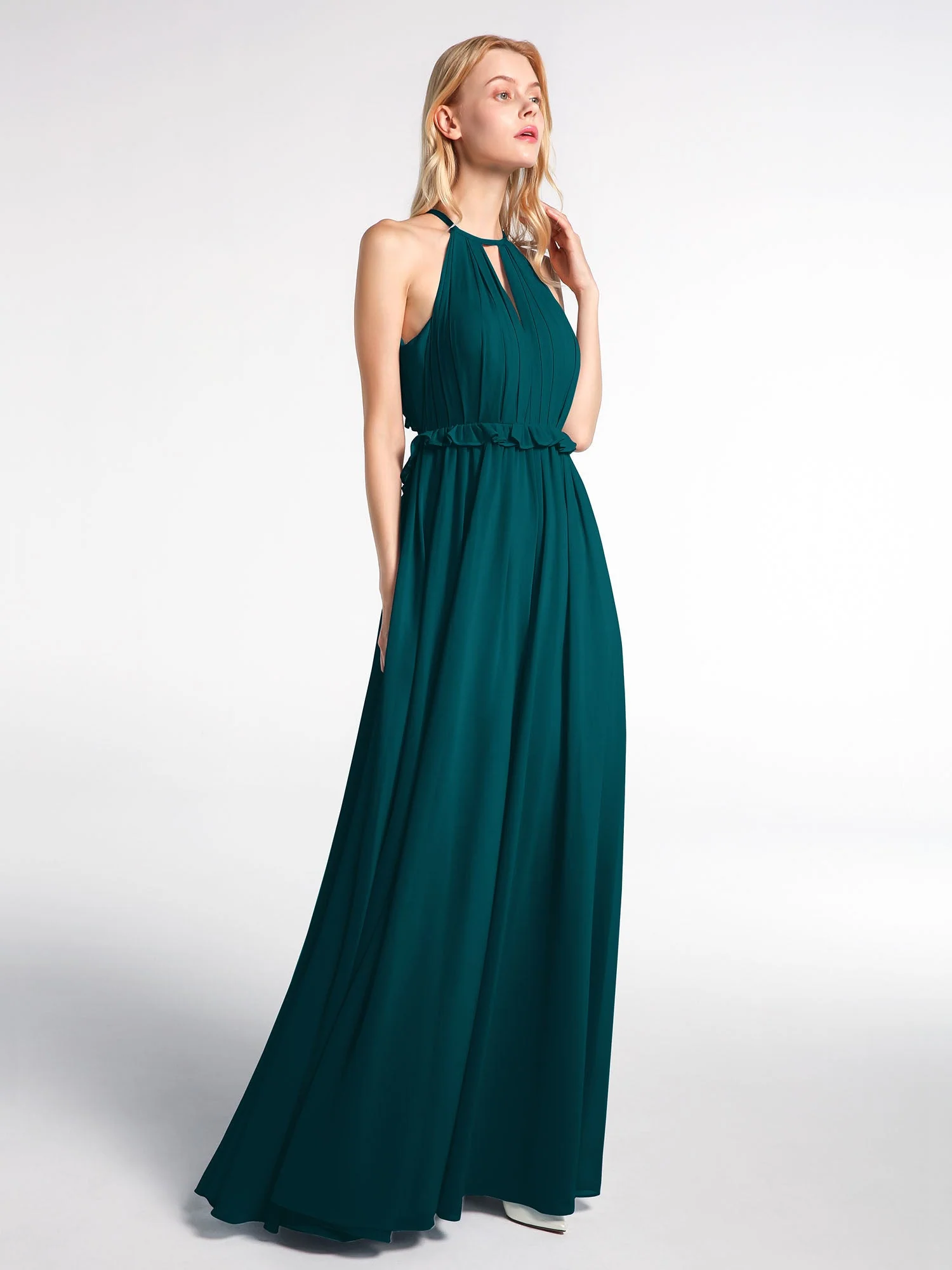 Schlüsselloch Ausschnitt Chiffon Langes Kleid mit offenem Rücken Kieferngrün - Image 3
