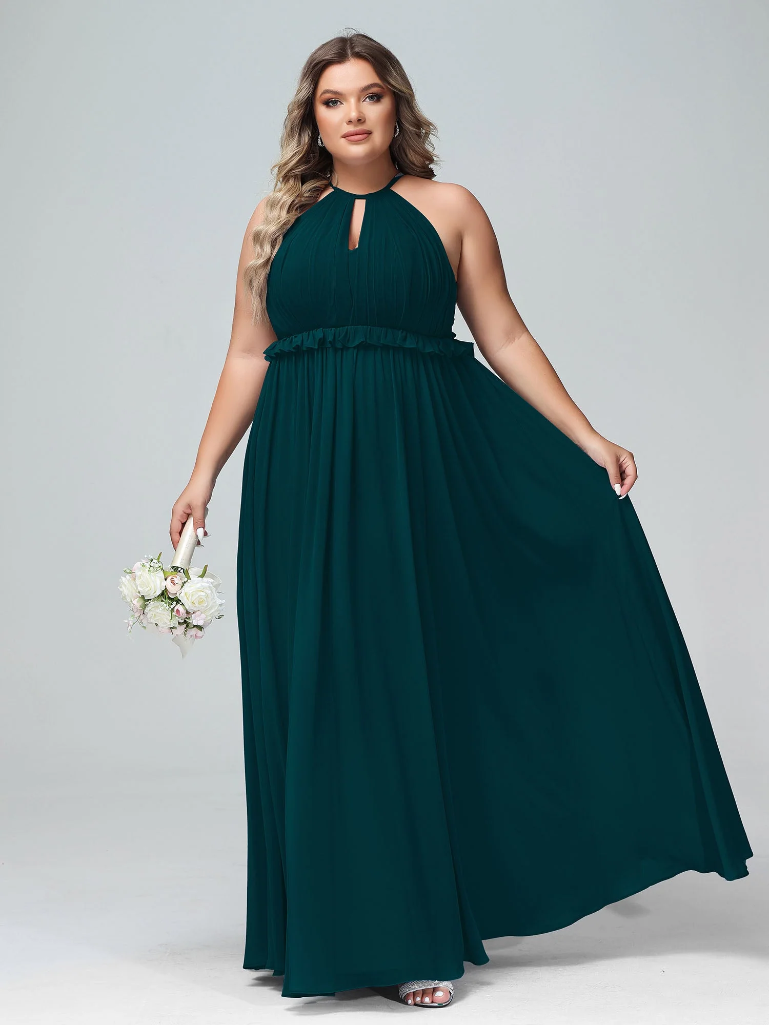 Schlüsselloch Ausschnitt Chiffon Langes Kleid mit offenem Rücken Kieferngrün - Image 4