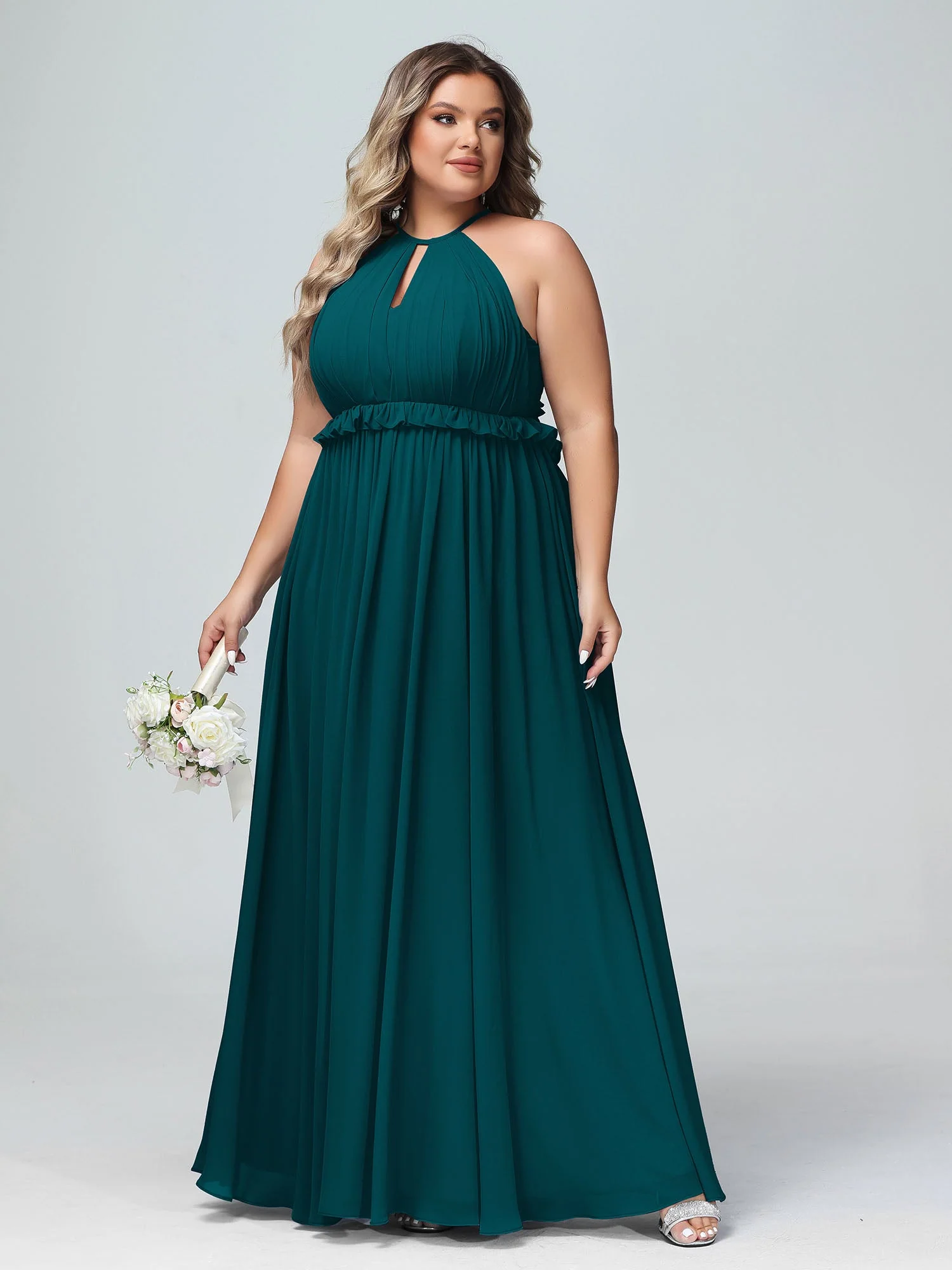 Schlüsselloch Ausschnitt Chiffon Langes Kleid mit offenem Rücken Kieferngrün - Image 7