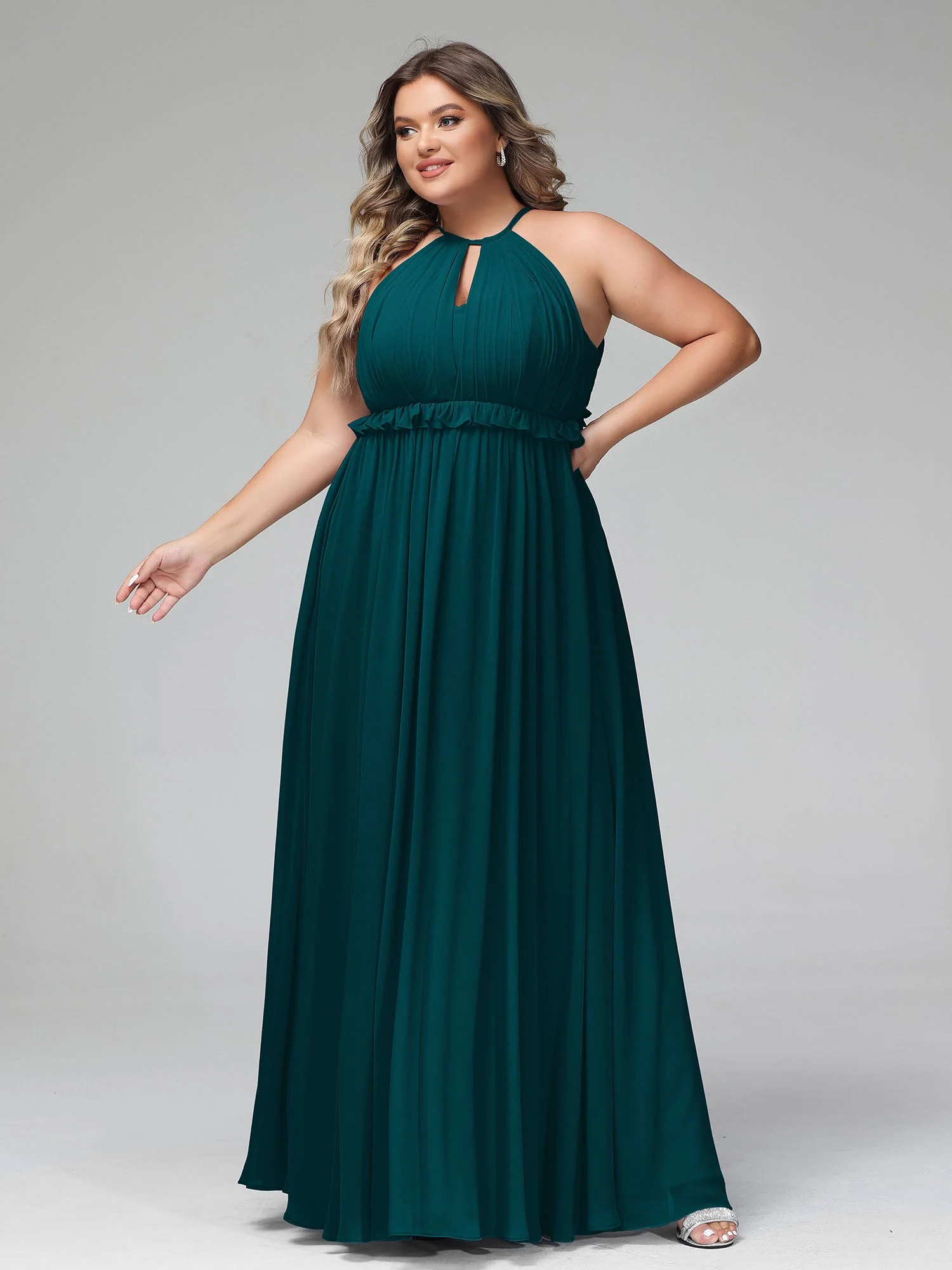 Schlüsselloch Ausschnitt Chiffon Langes Kleid mit offenem Rücken Kieferngrün - Image 9