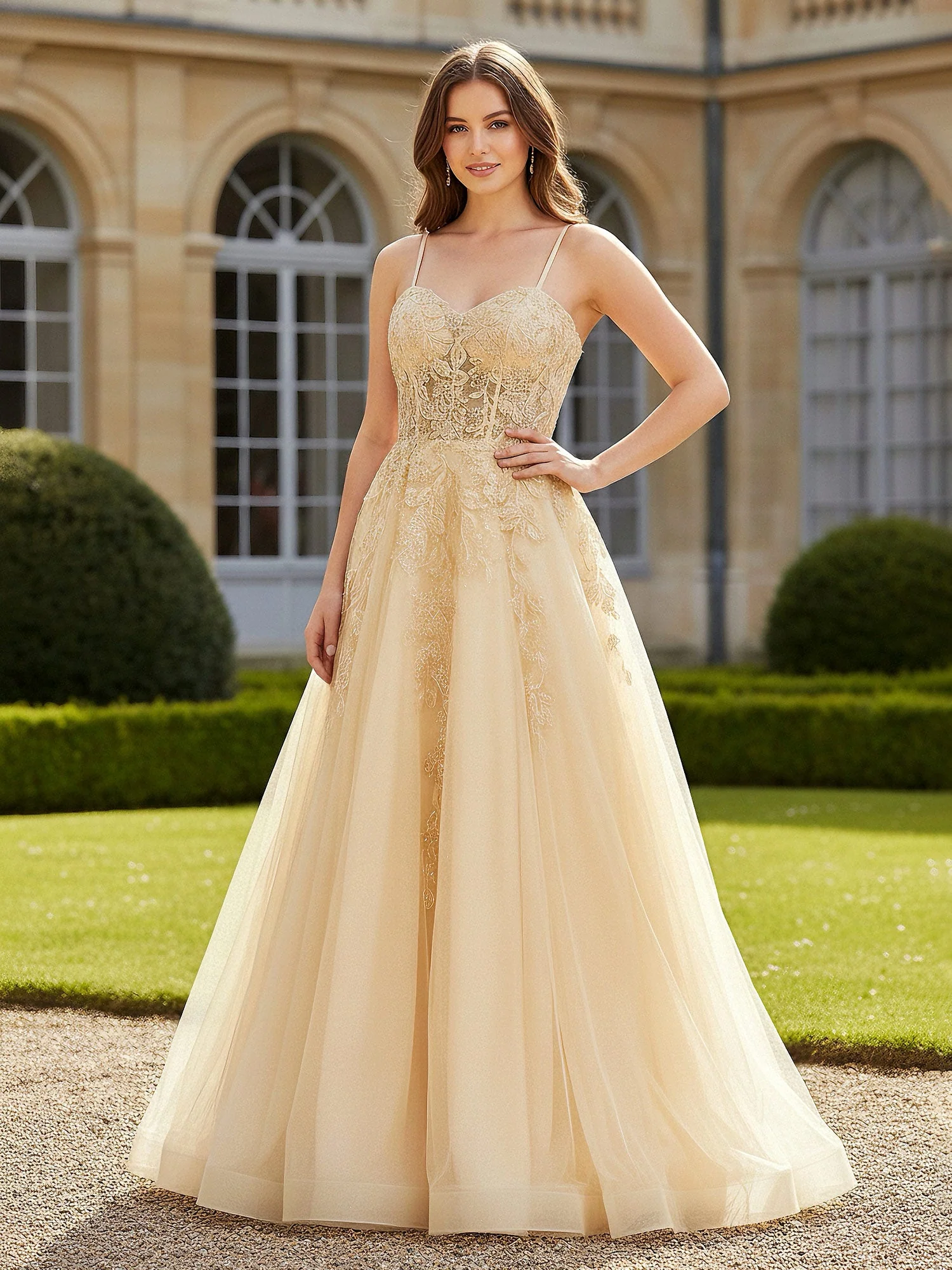 Herzform Applique Korsett Tüll Kleid Champagner