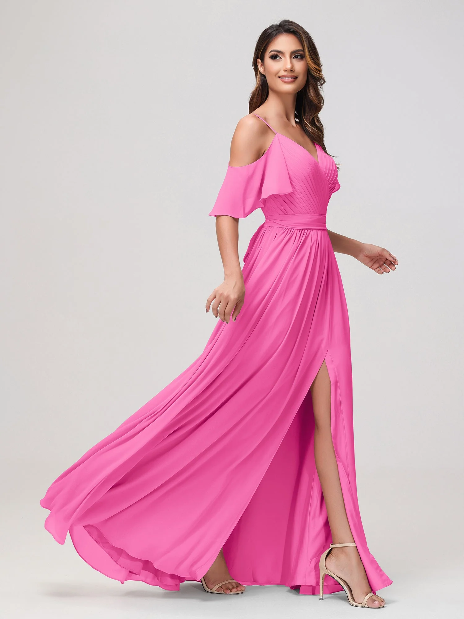 Schulterfrei A-Linie Rüschen Chiffon Kleid mit Schlitz Azalee - Image 3