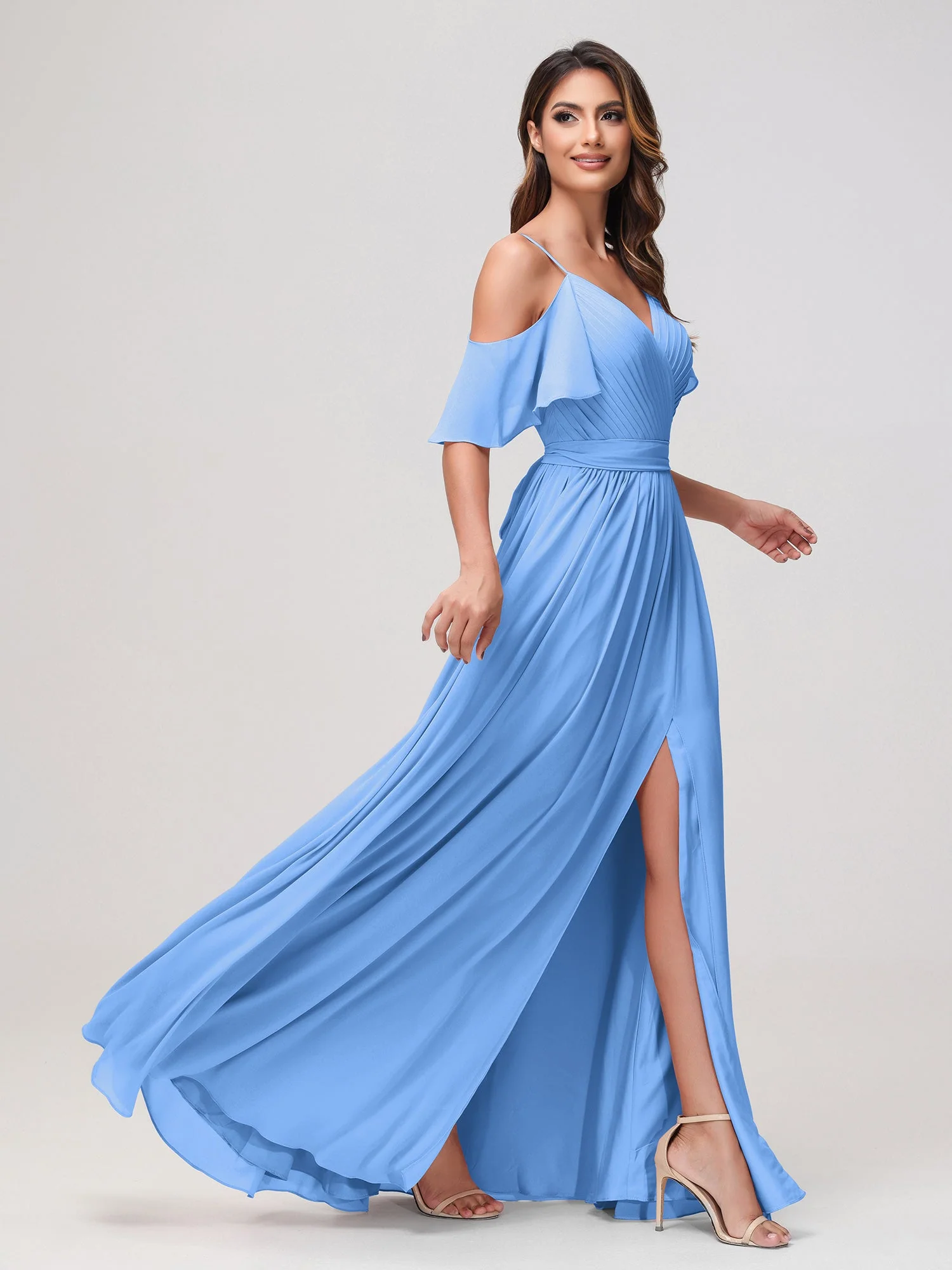 Schulterfrei A-Linie Rüschen Chiffon Kleid mit Schlitz Blau - Image 3