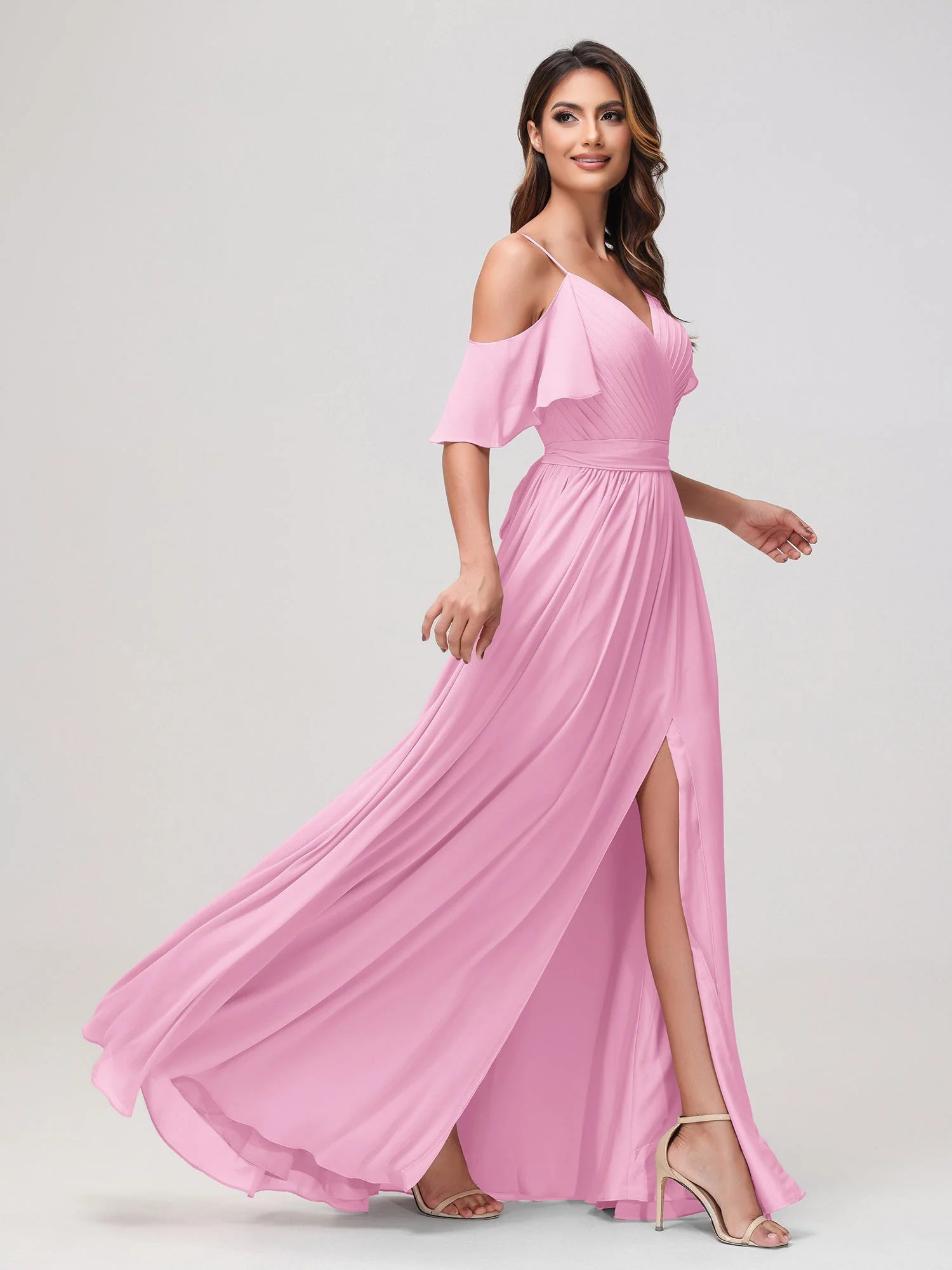 Schulterfrei A-Linie Rüschen Chiffon Kleid mit Schlitz Bonbonrosa - Image 3