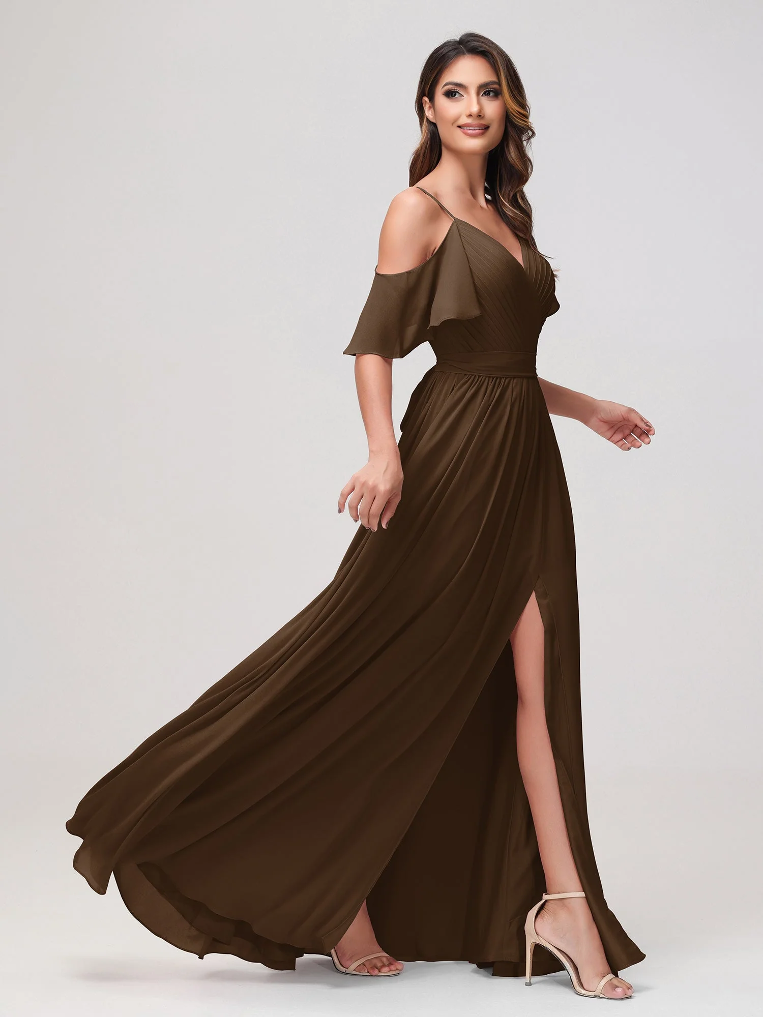 Schulterfrei A-Linie Rüschen Chiffon Kleid mit Schlitz Braun - Image 3