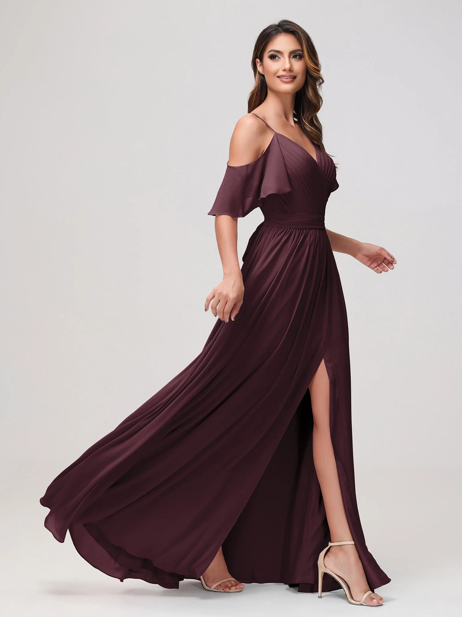 Schulterfrei A-Linie Rüschen Chiffon Kleid mit Schlitz Cabernet - Image 3