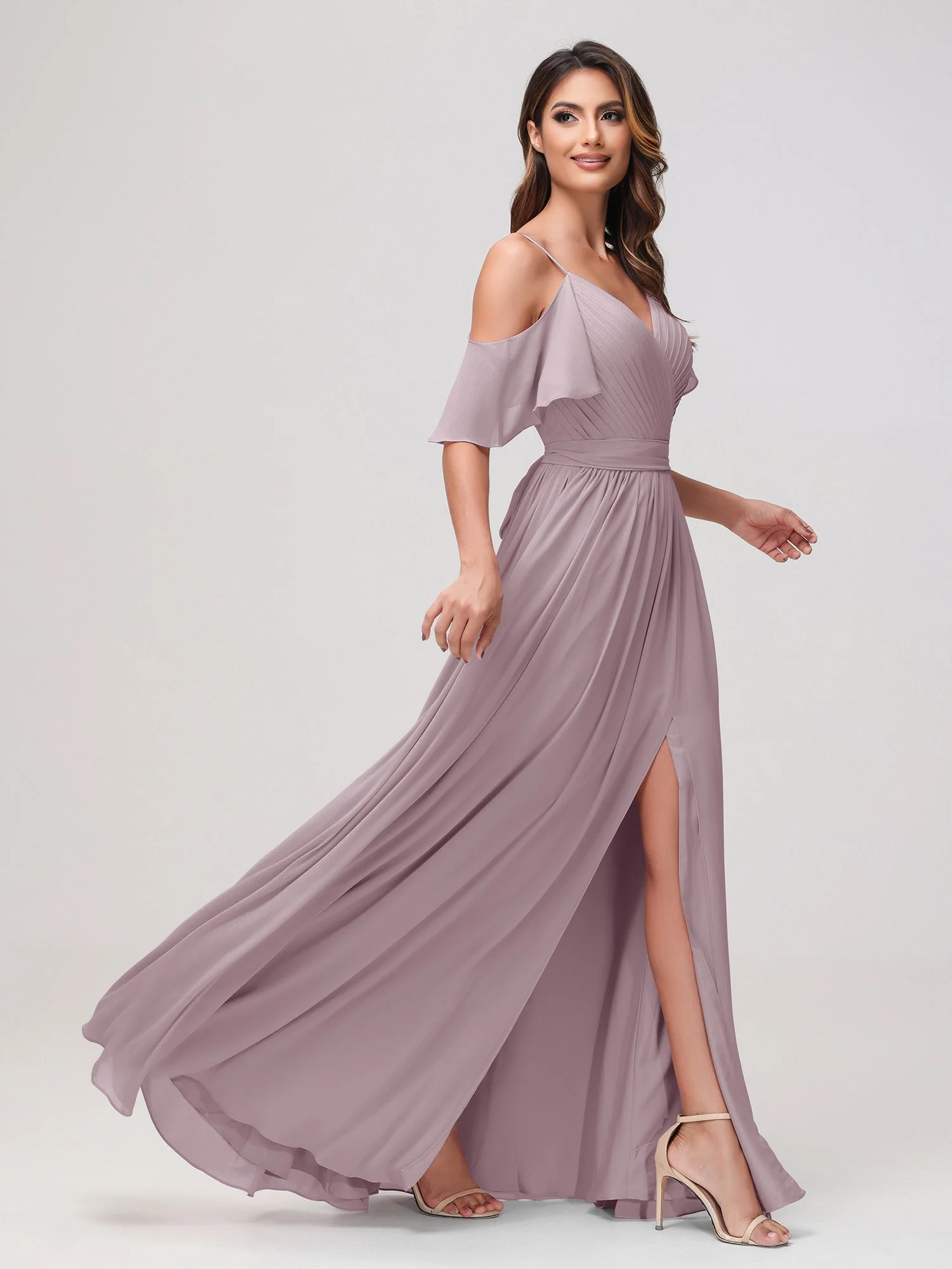 Schulterfrei A-Linie Rüschen Chiffon Kleid mit Schlitz Dämmerung - Image 3