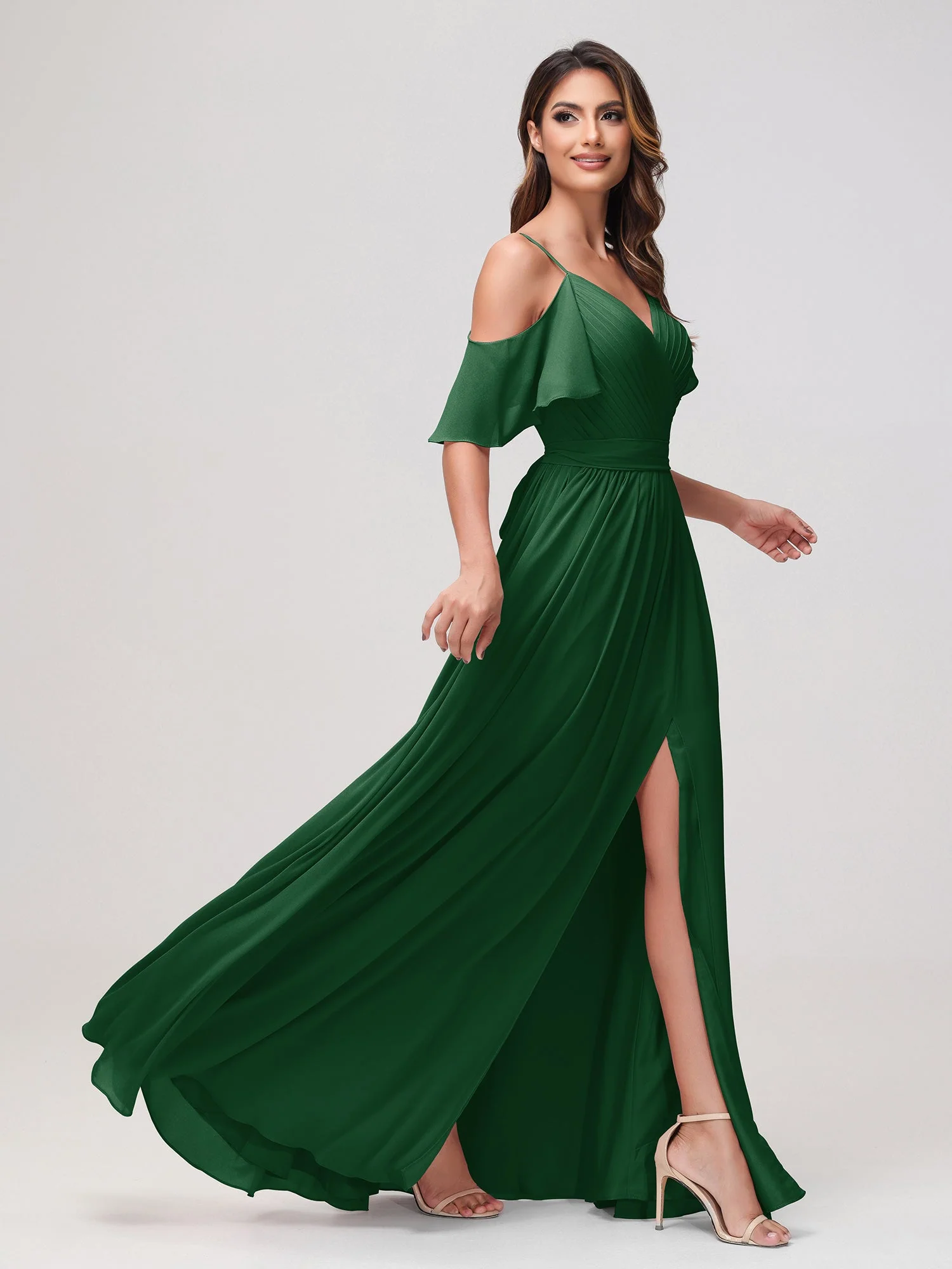 Schulterfrei A-Linie Rüschen Chiffon Kleid mit Schlitz Dunkelgrün - Image 3