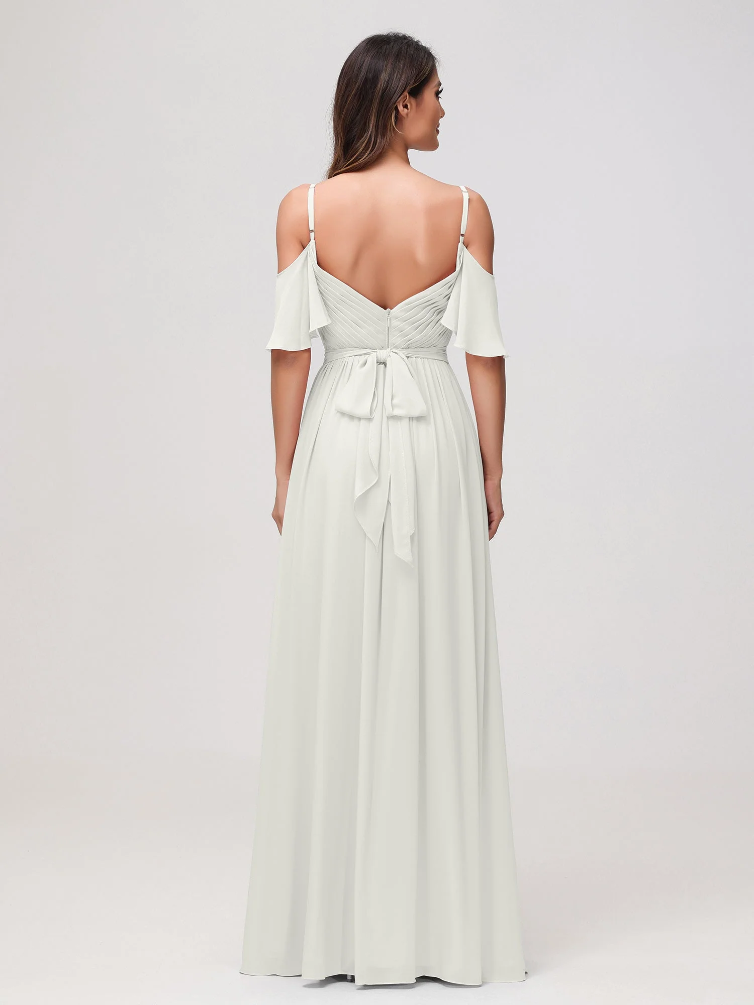 Schulterfrei A-Linie Rüschen Chiffon Kleid mit Schlitz Elfenbein - Image 2