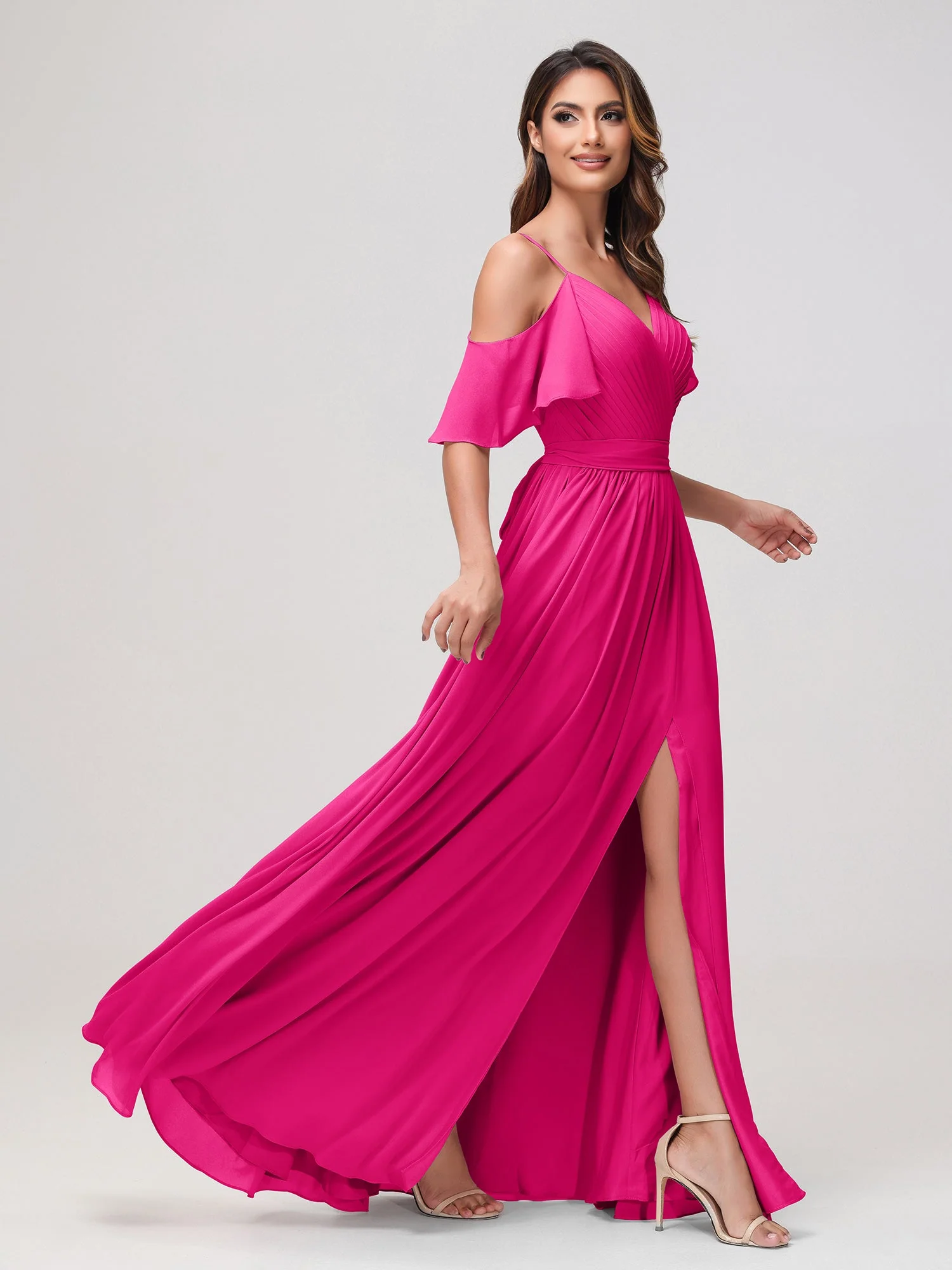 Schulterfrei A-Linie Rüschen Chiffon Kleid mit Schlitz Fuchsia - Image 3