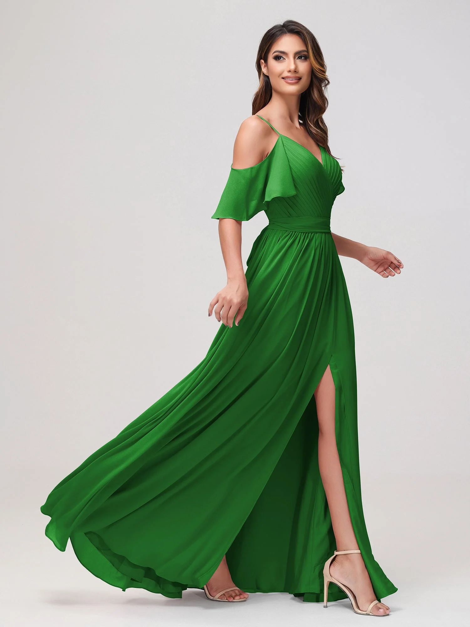 Schulterfrei A-Linie Rüschen Chiffon Kleid mit Schlitz Grün - Image 3