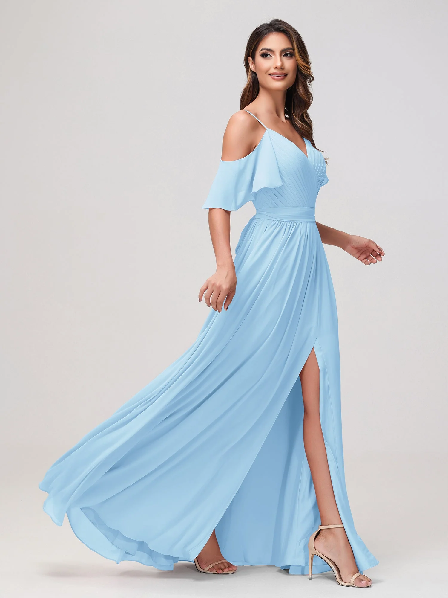 Schulterfrei A-Linie Rüschen Chiffon Kleid mit Schlitz Himmelblau - Image 3