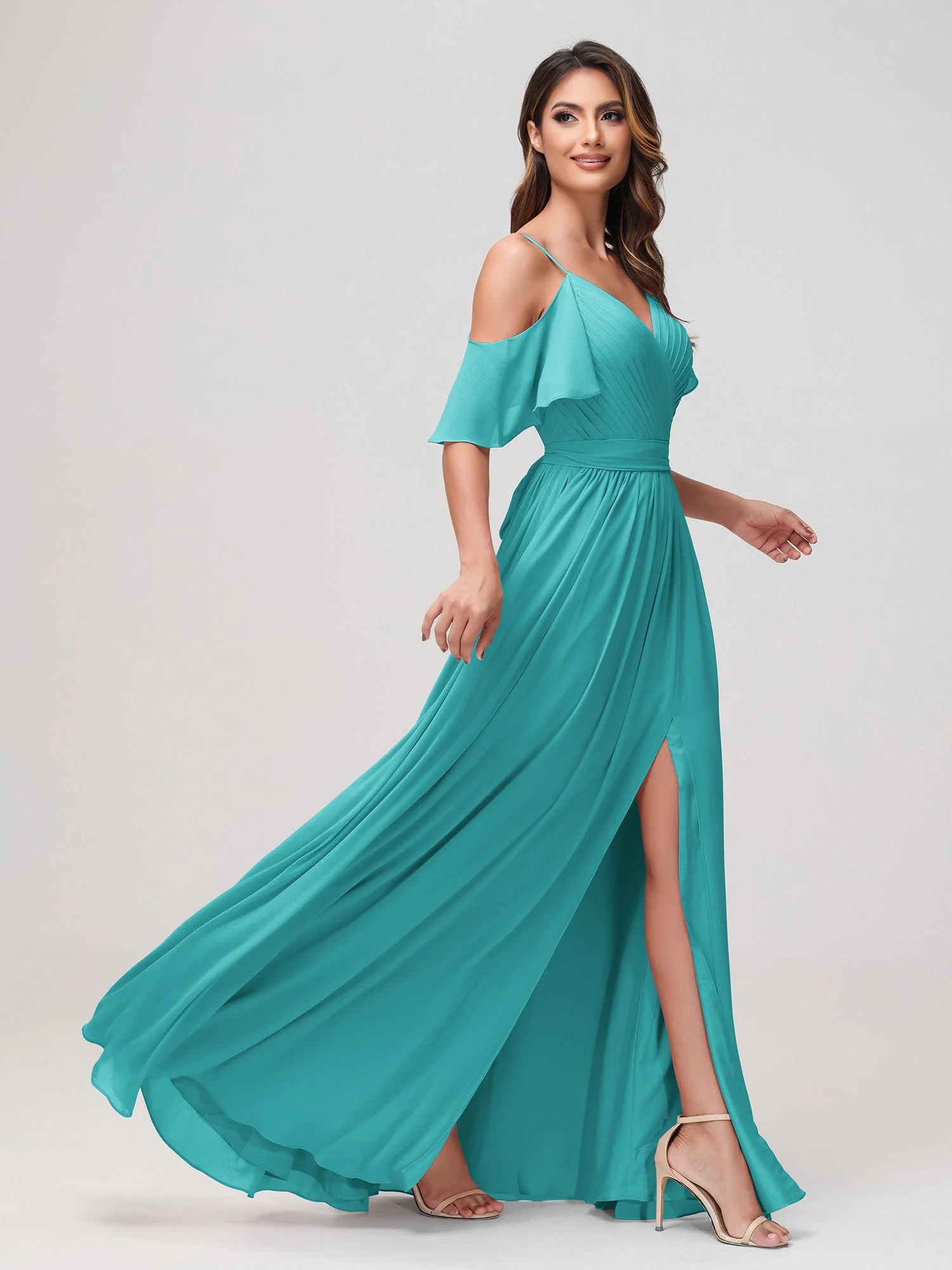 Schulterfrei A-Linie Rüschen Chiffon Kleid mit Schlitz Jade - Image 3