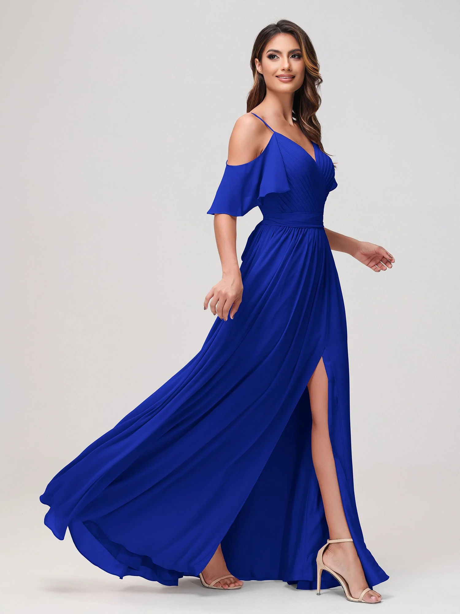 Schulterfrei A-Linie Rüschen Chiffon Kleid mit Schlitz Königsblau - Image 3