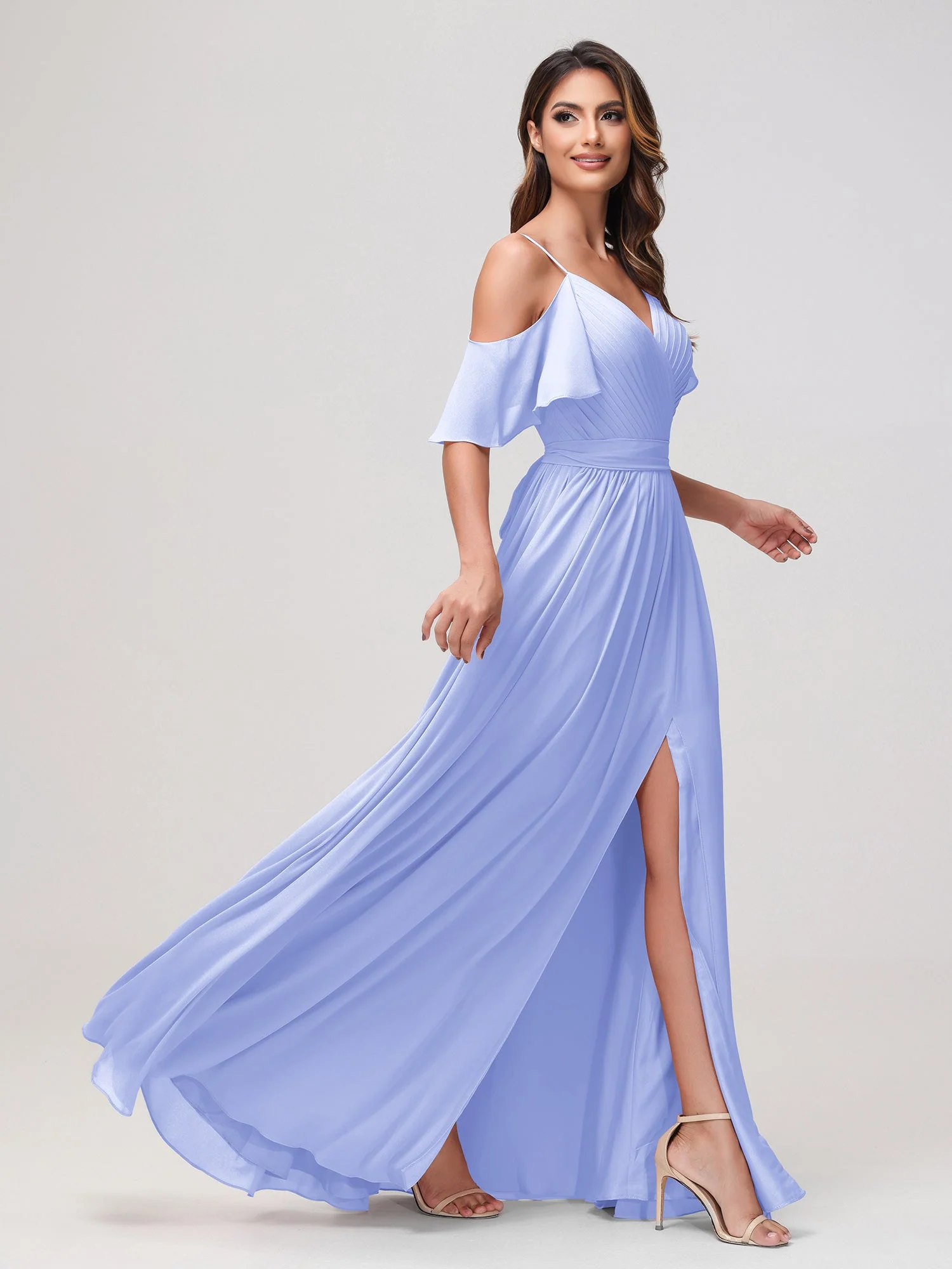 Schulterfrei A-Linie Rüschen Chiffon Kleid mit Schlitz Lavendel - Image 3