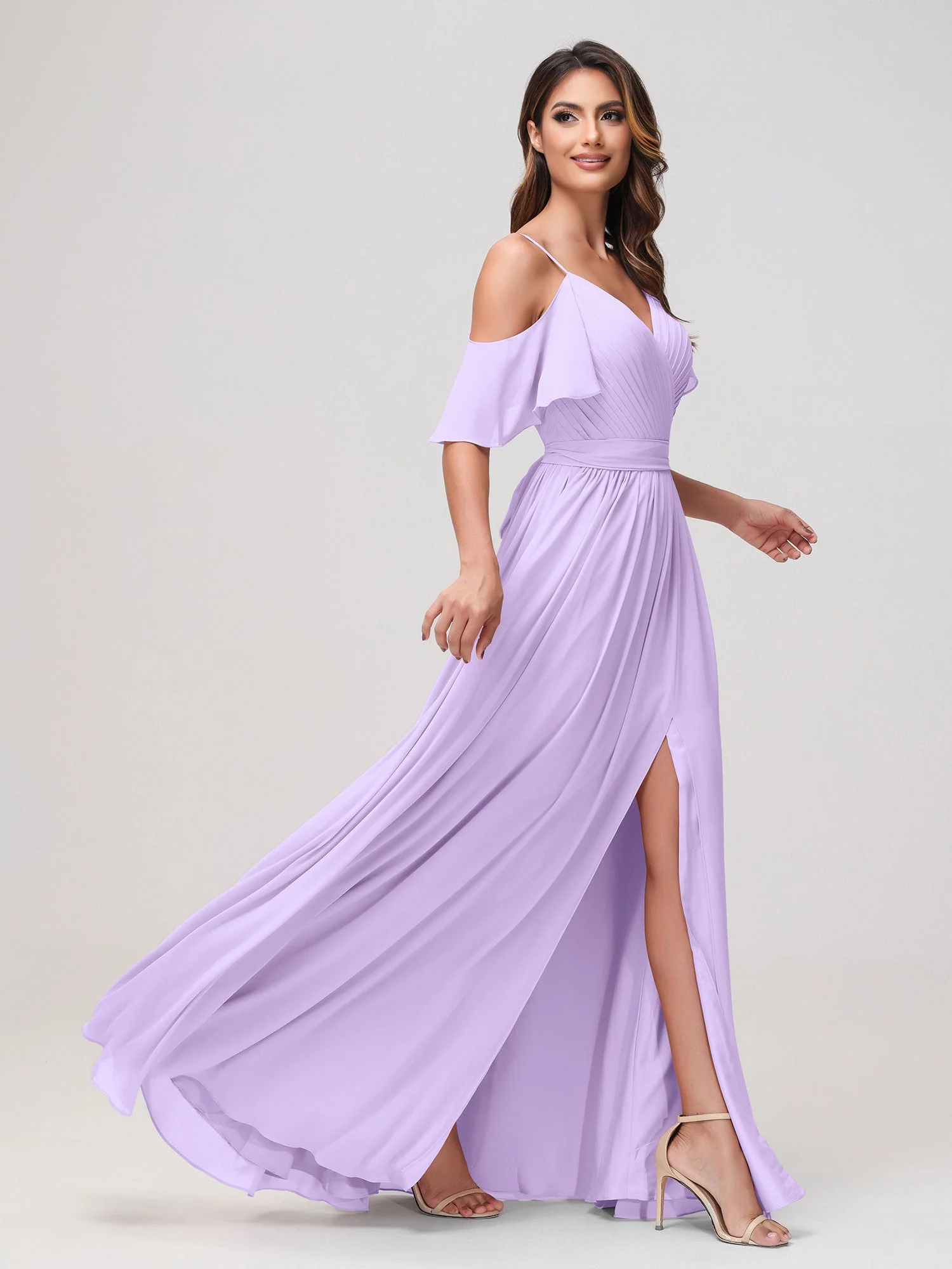 Schulterfrei A-Linie Rüschen Chiffon Kleid mit Schlitz Lila - Image 3