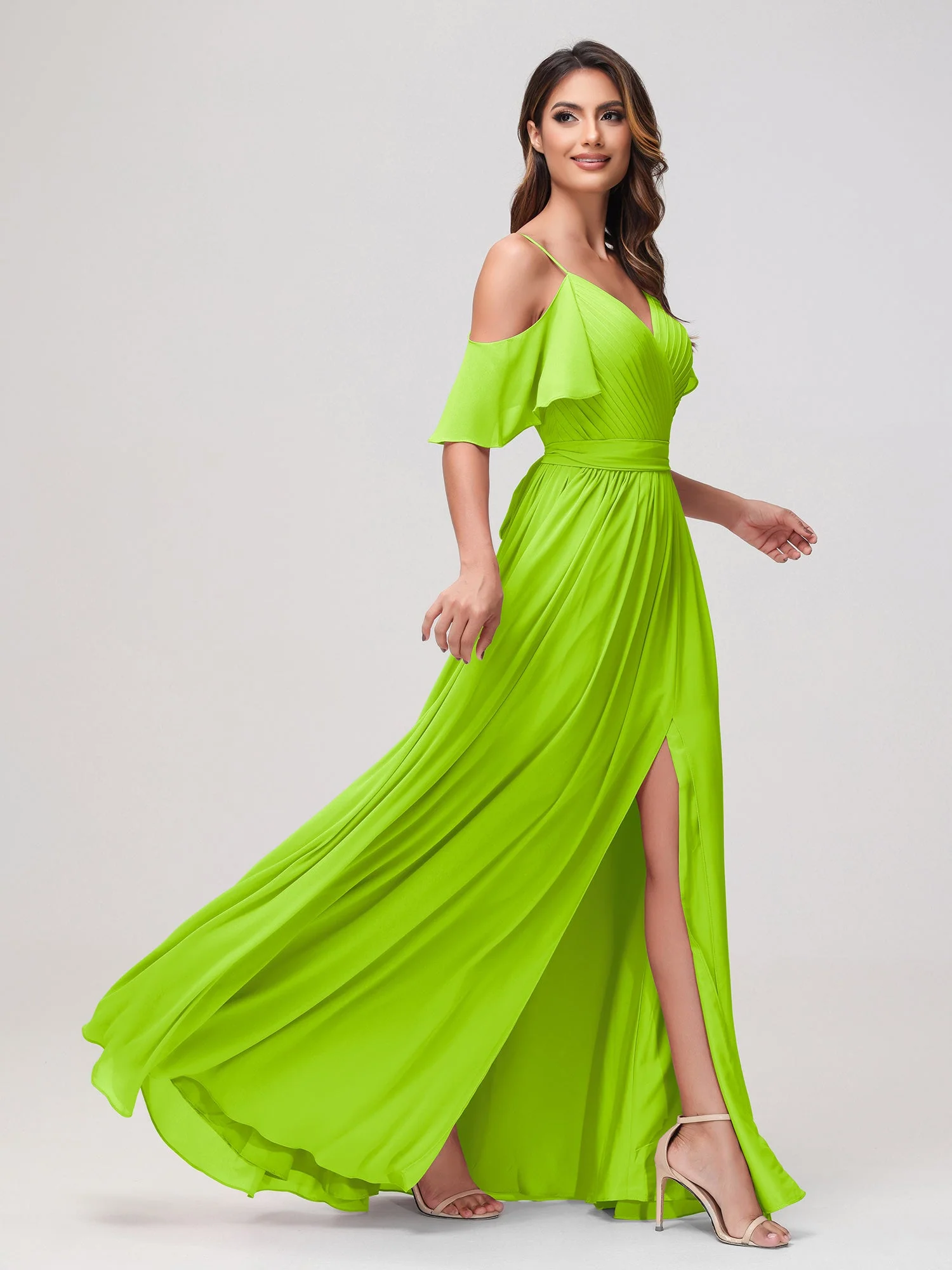 Schulterfrei A-Linie Rüschen Chiffon Kleid mit Schlitz Lindgrün - Image 3